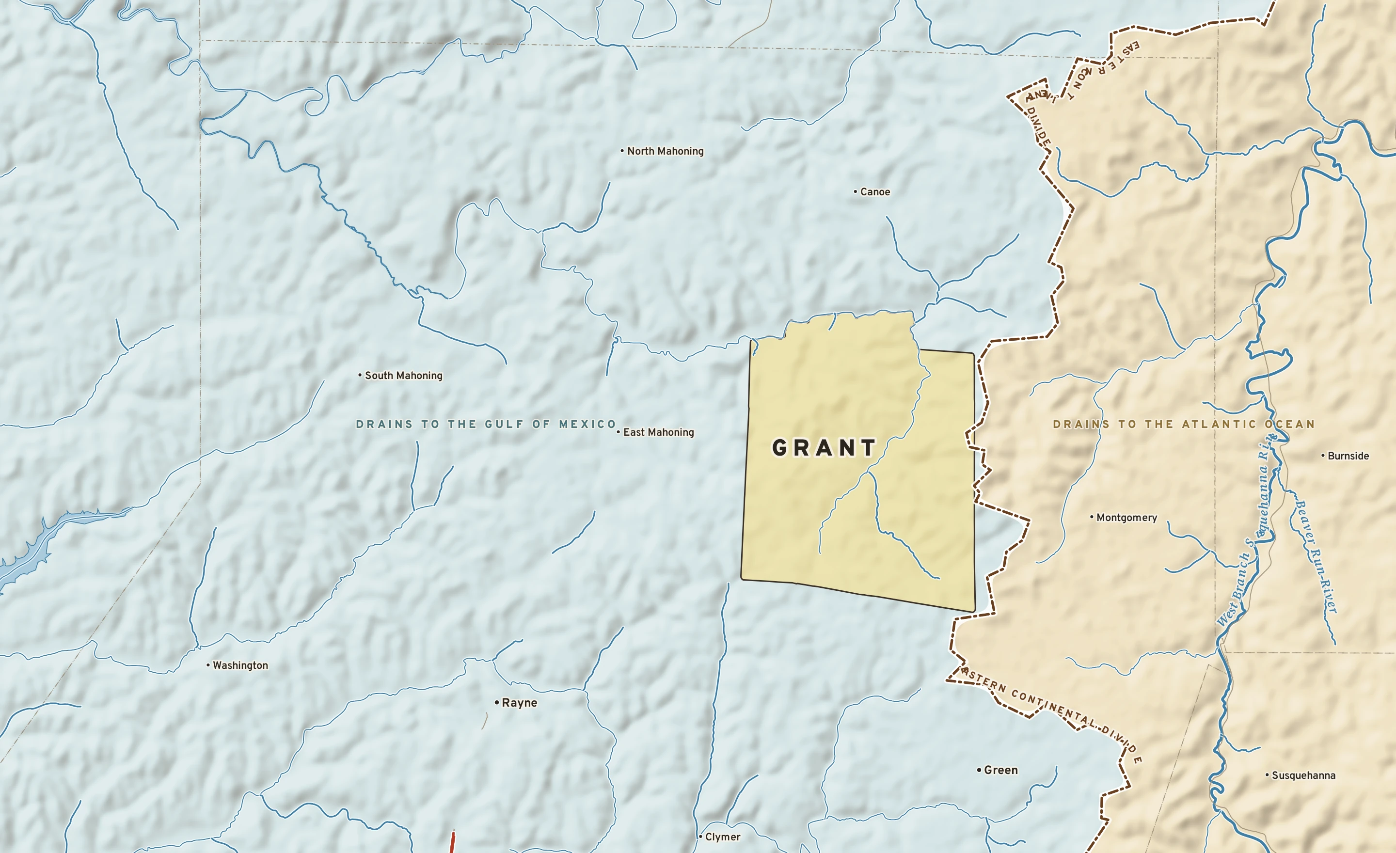 Shaded-relief atlas plate of Grant, Pennsylvania: rivers, roads, the city limits and where the water drains.