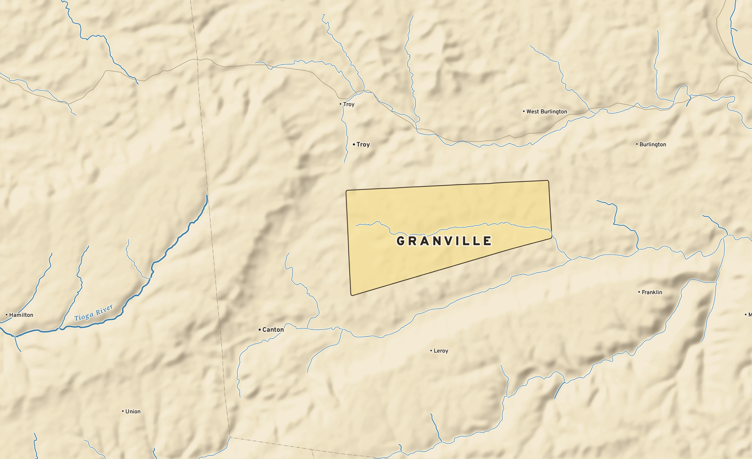 Shaded-relief atlas plate of Granville, Pennsylvania: rivers, roads, the city limits and where the water drains.