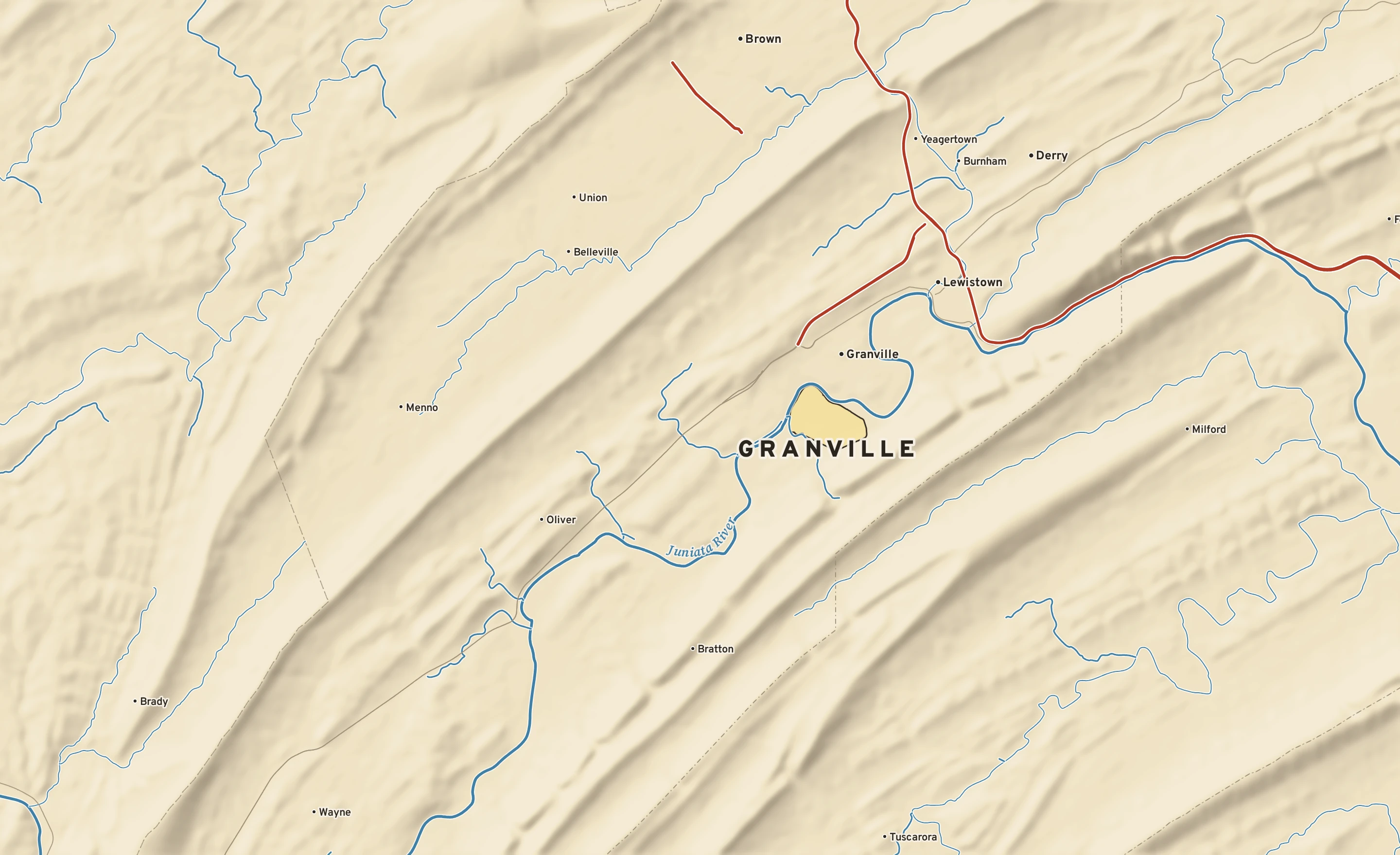 Shaded-relief atlas plate of Granville, Pennsylvania: rivers, roads, the city limits and where the water drains.