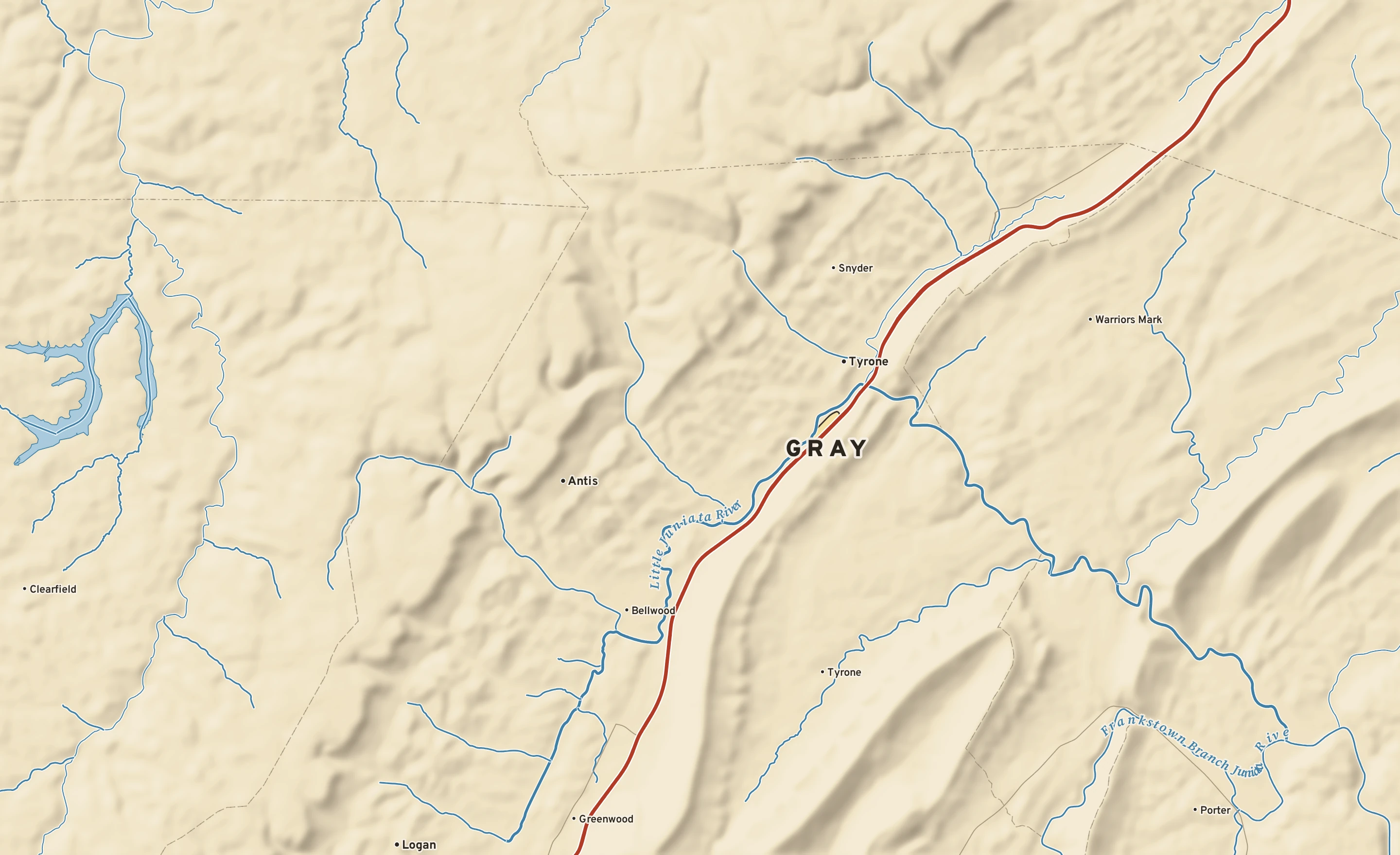 Shaded-relief atlas plate of Gray, Pennsylvania: rivers, roads, the city limits and where the water drains.