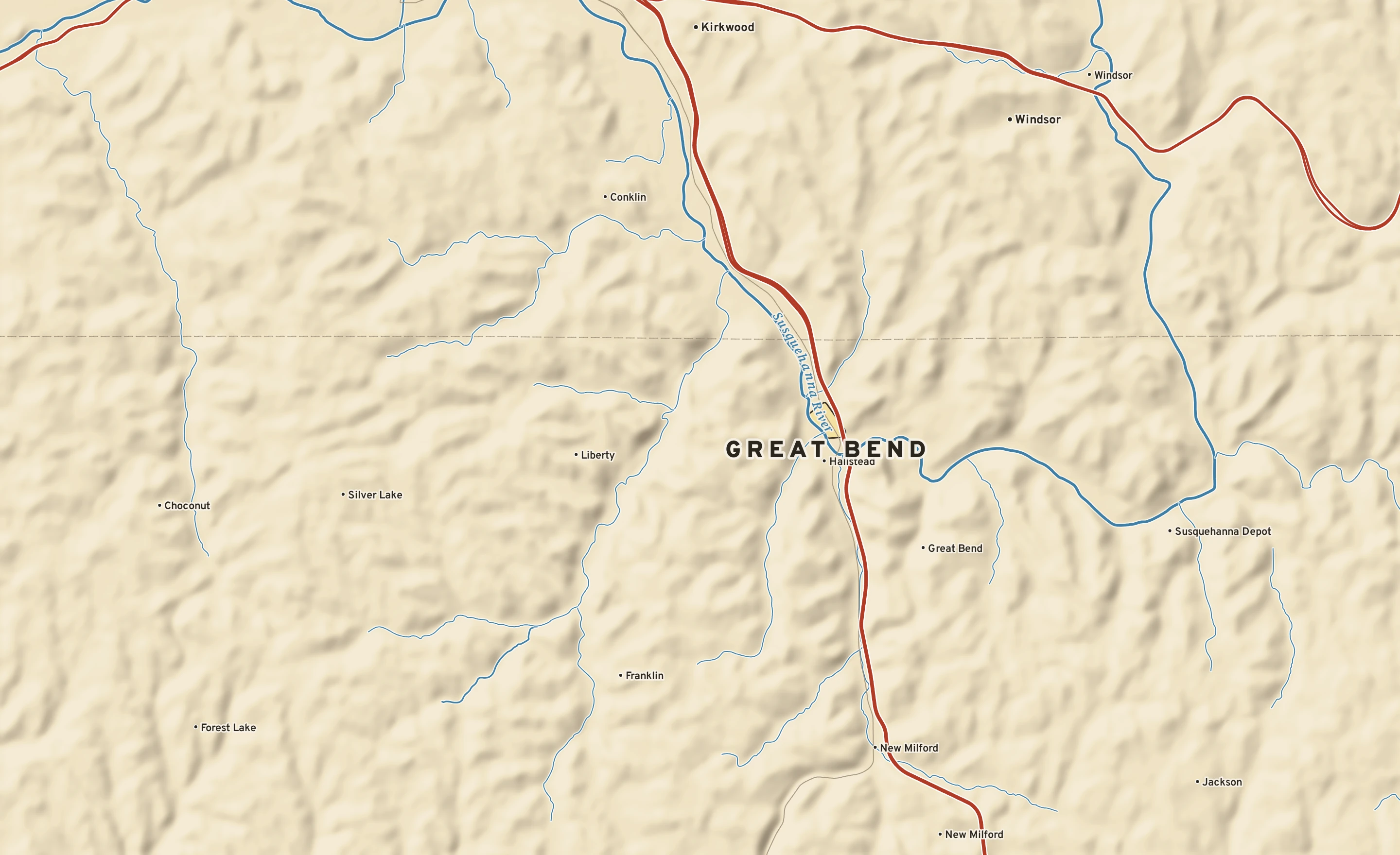 Shaded-relief atlas plate of Great Bend, Pennsylvania: rivers, roads, the city limits and where the water drains.