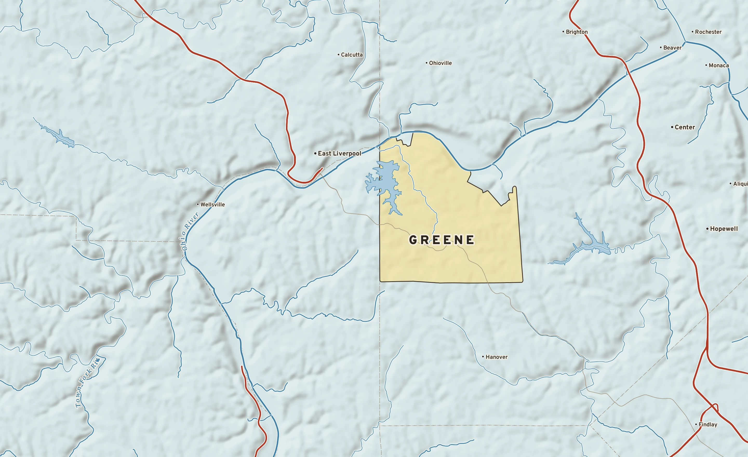 Shaded-relief atlas plate of Greene, Pennsylvania: rivers, roads, the city limits and where the water drains.