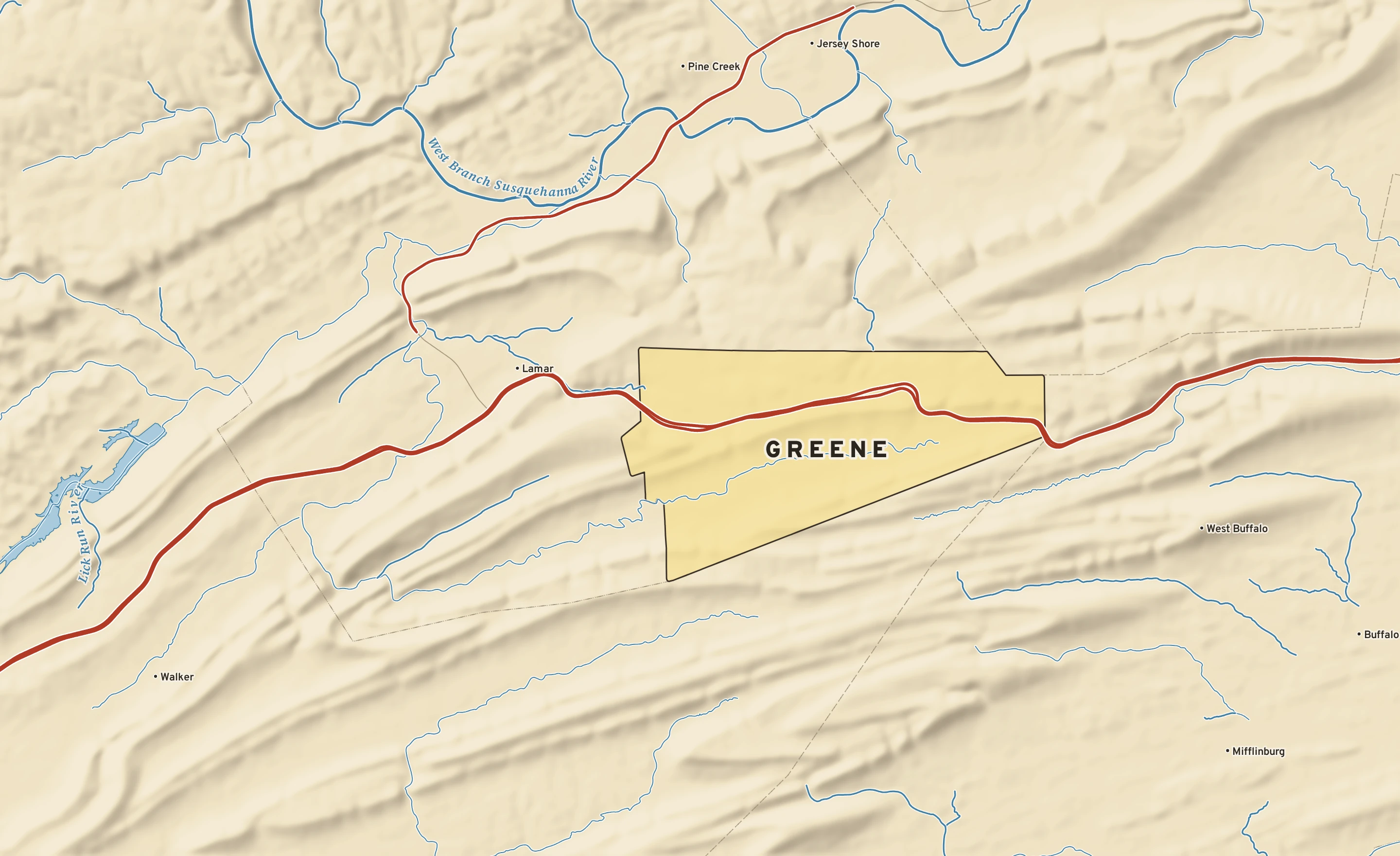 Shaded-relief atlas plate of Greene, Pennsylvania: rivers, roads, the city limits and where the water drains.