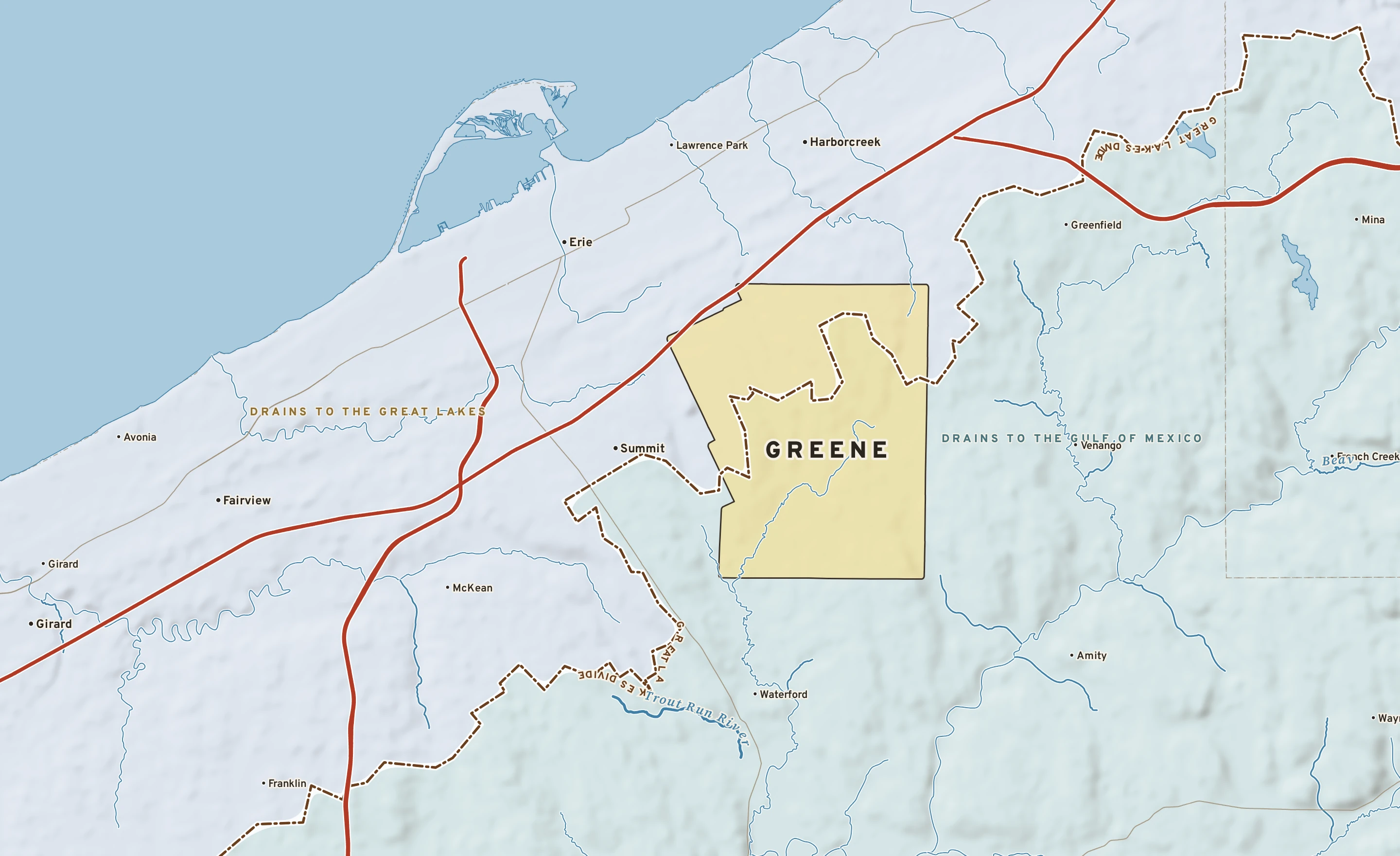Shaded-relief atlas plate of Greene, Pennsylvania: rivers, roads, the city limits and where the water drains.
