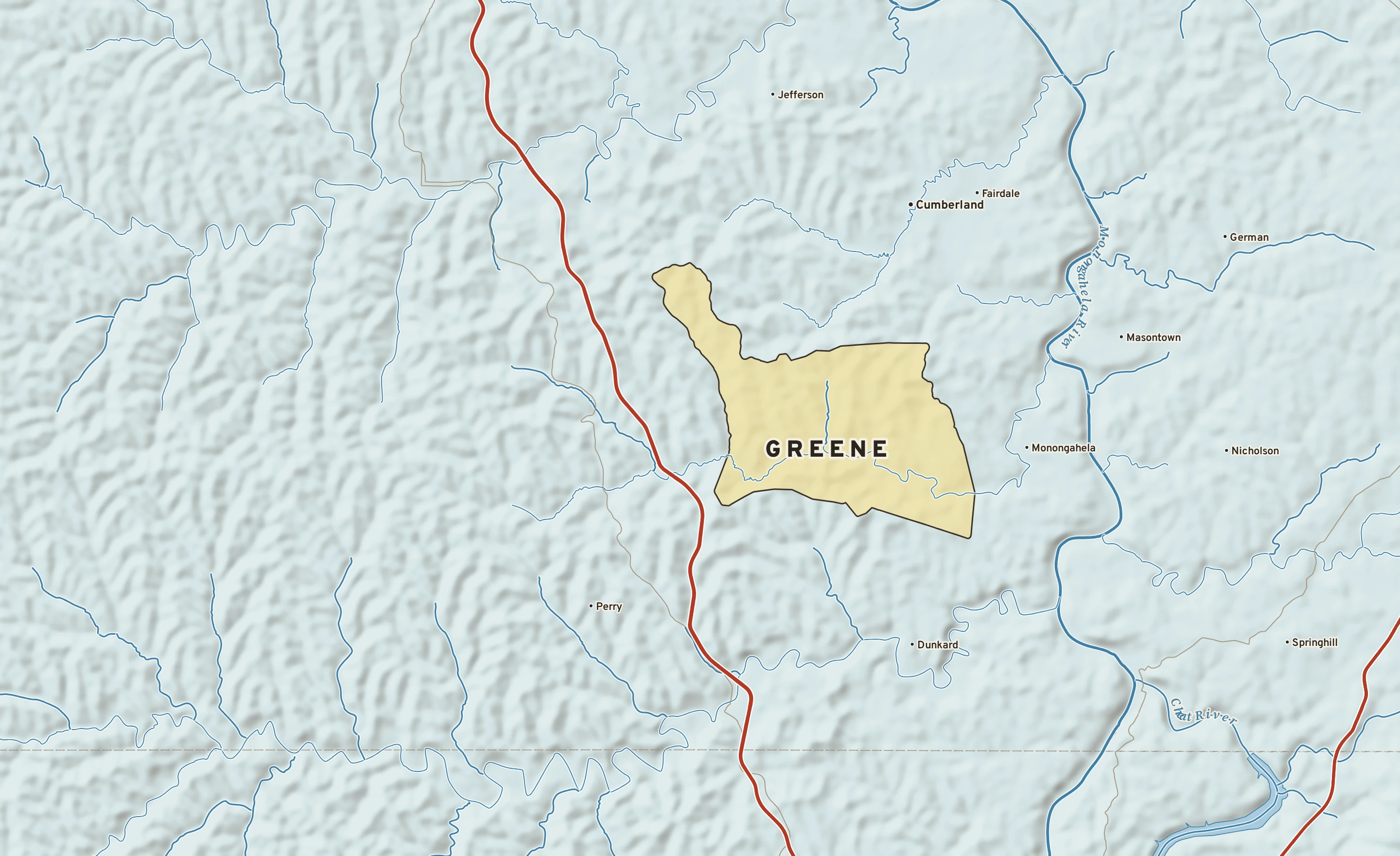 Shaded-relief atlas plate of Greene, Pennsylvania: rivers, roads, the city limits and where the water drains.