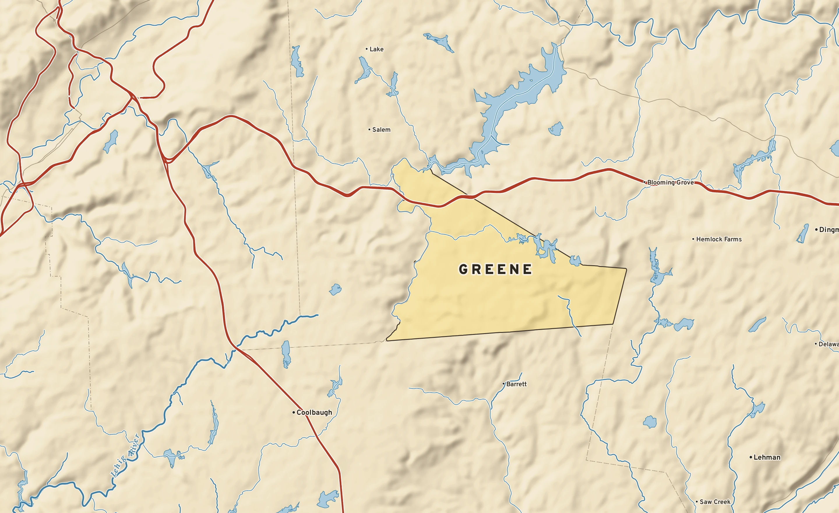 Shaded-relief atlas plate of Greene, Pennsylvania: rivers, roads, the city limits and where the water drains.