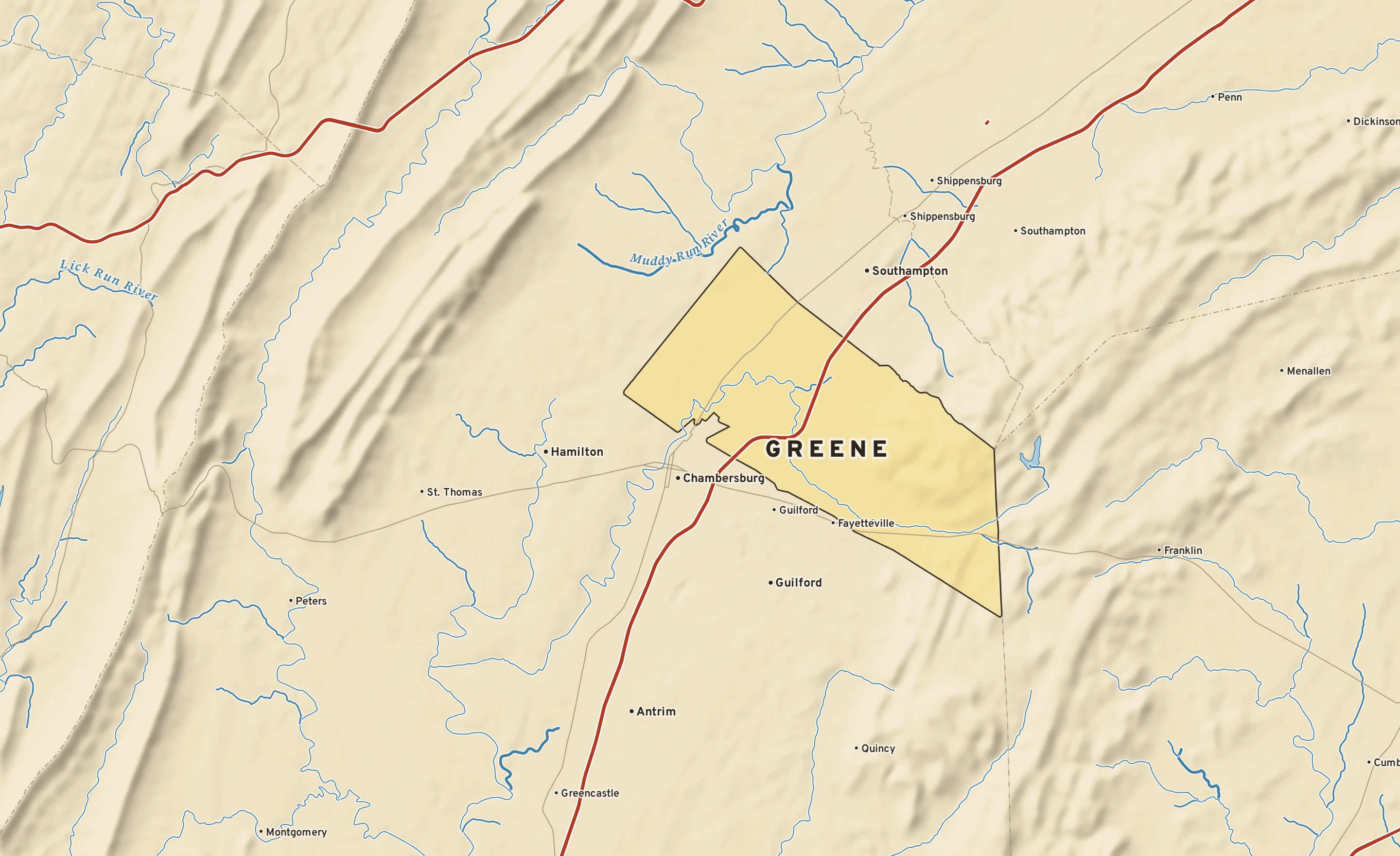 Shaded-relief atlas plate of Greene, Pennsylvania: rivers, roads, the city limits and where the water drains.
