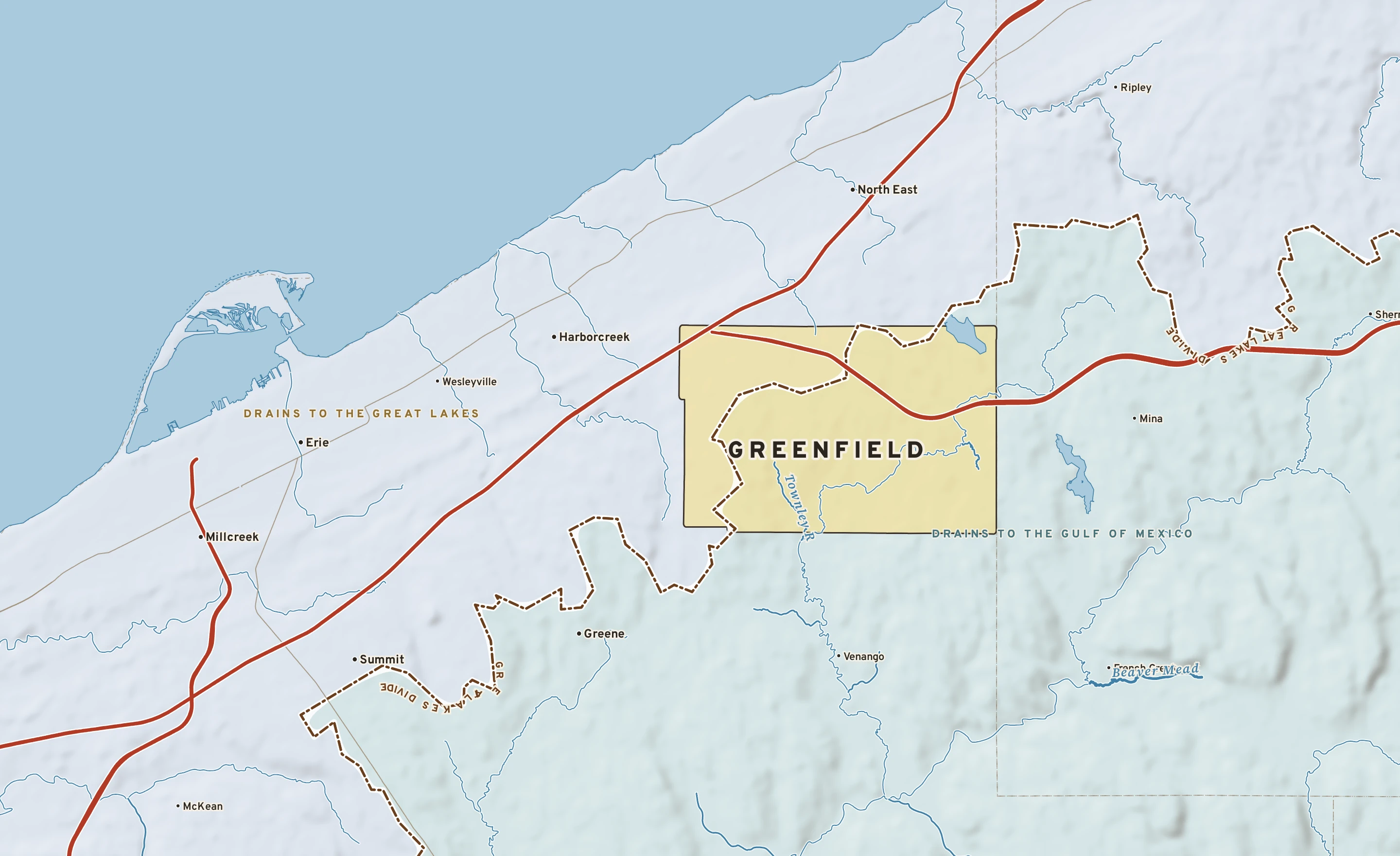Shaded-relief atlas plate of Greenfield, Pennsylvania: rivers, roads, the city limits and where the water drains.