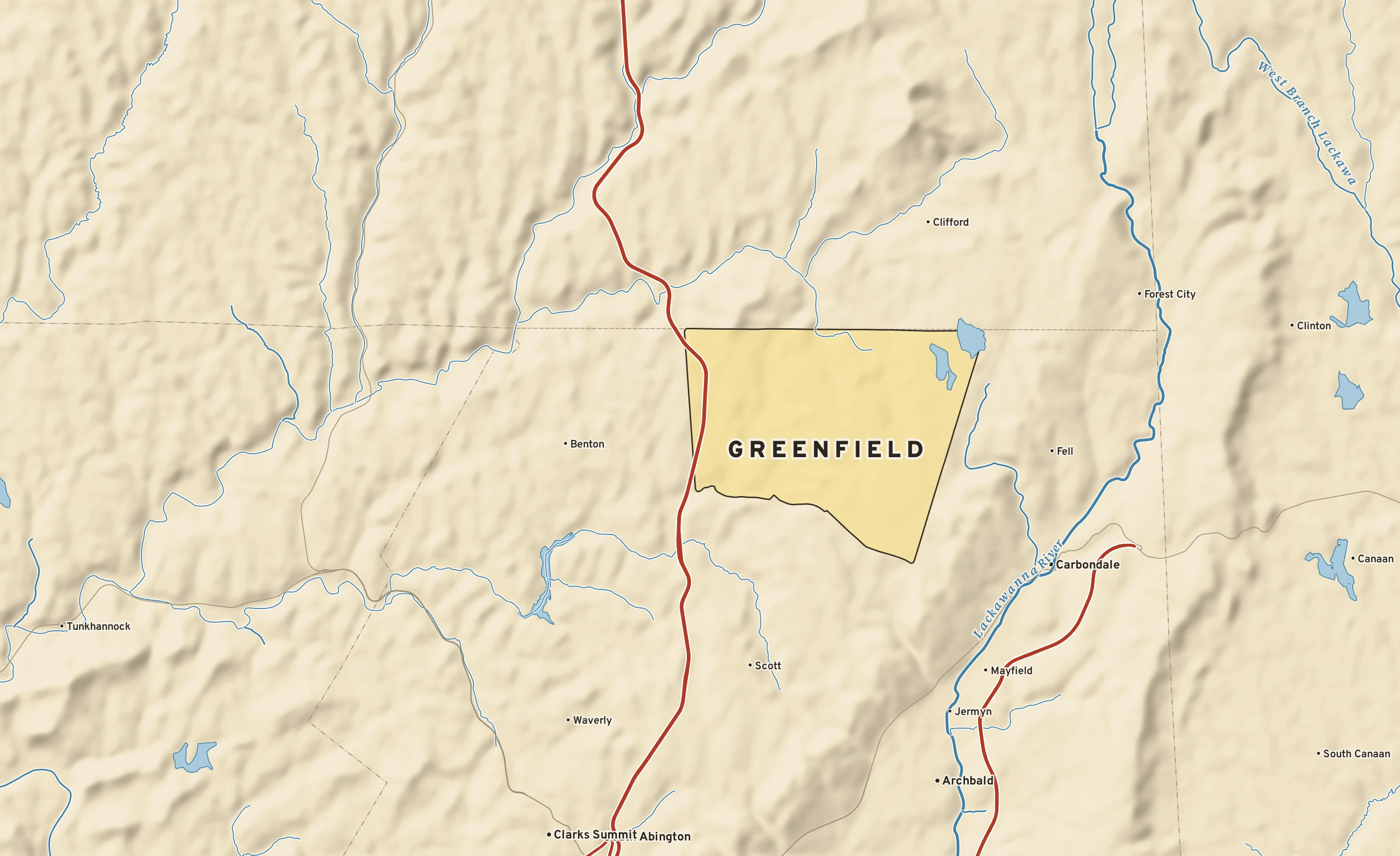 Shaded-relief atlas plate of Greenfield, Pennsylvania: rivers, roads, the city limits and where the water drains.