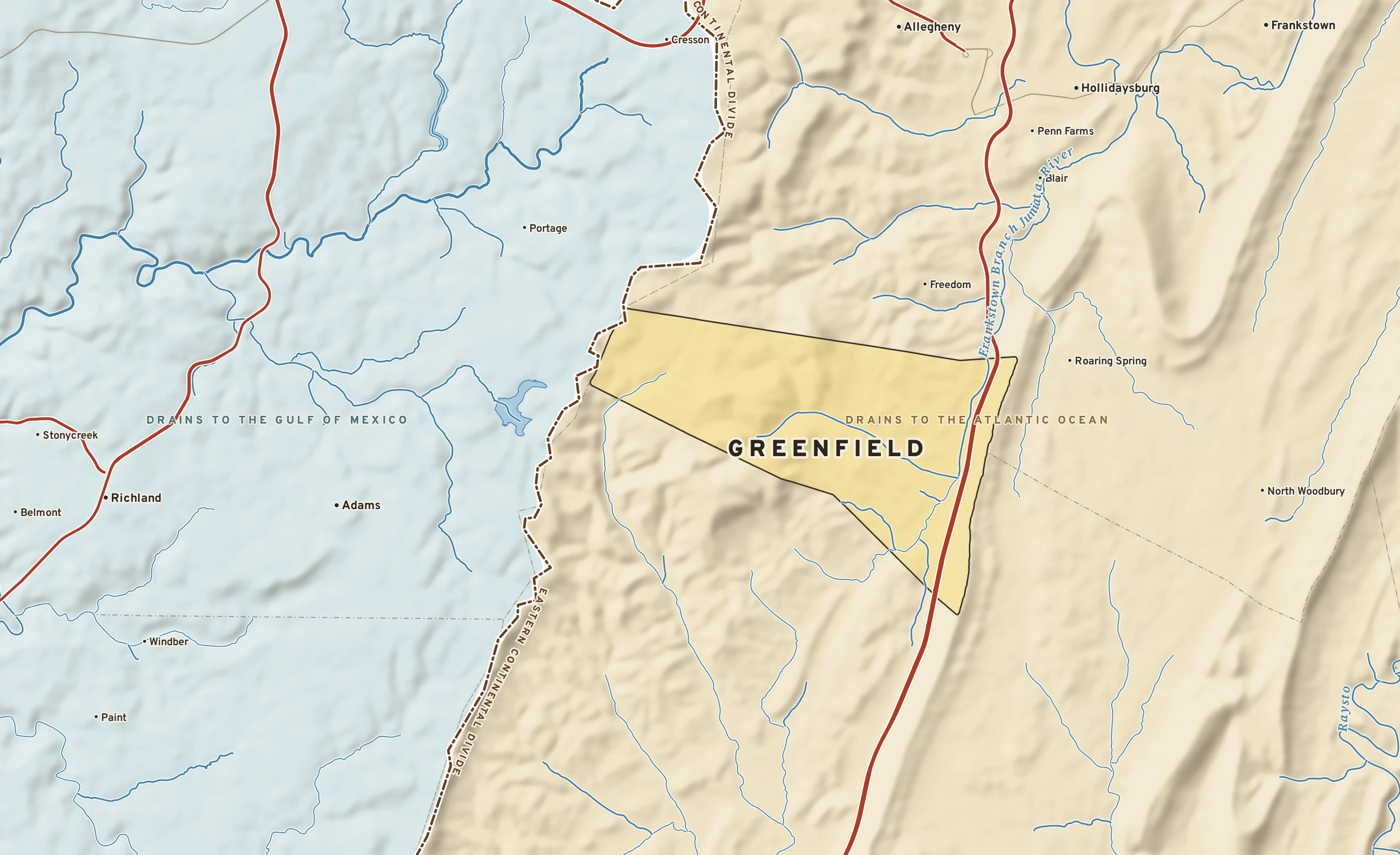 Shaded-relief atlas plate of Greenfield, Pennsylvania: rivers, roads, the city limits and where the water drains.