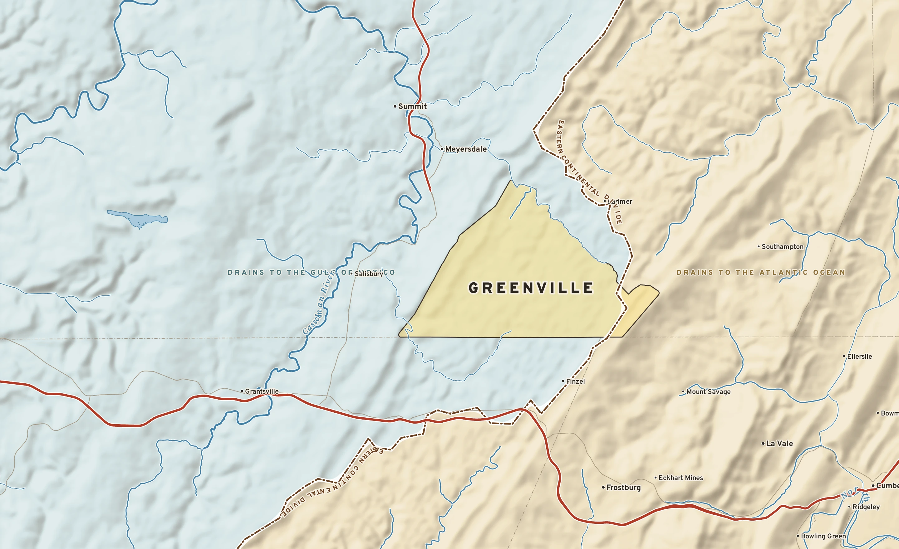 Shaded-relief atlas plate of Greenville, Pennsylvania: rivers, roads, the city limits and where the water drains.