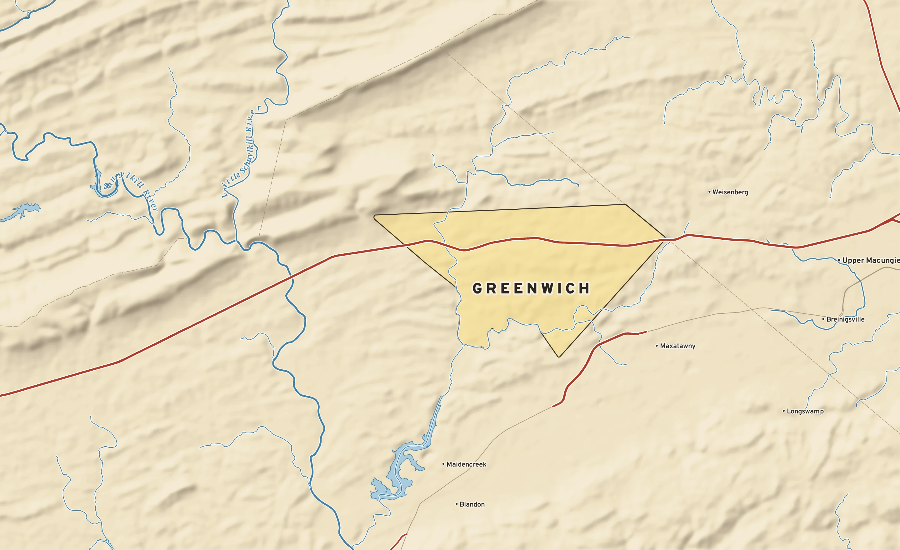 Shaded-relief atlas plate of Greenwich, Pennsylvania: rivers, roads, the city limits and where the water drains.