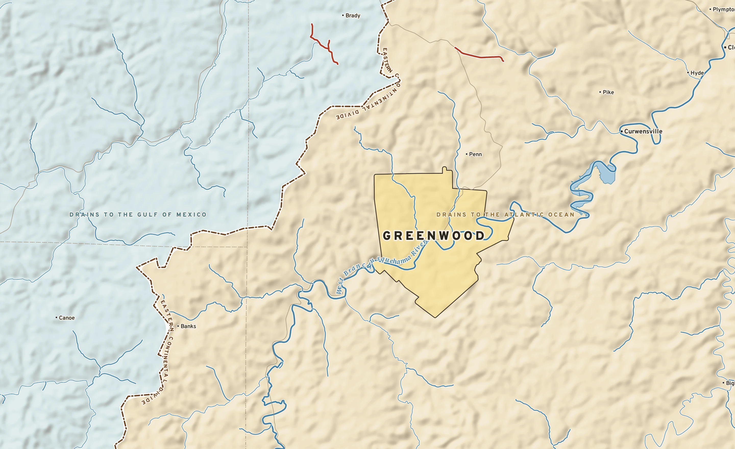 Shaded-relief atlas plate of Greenwood, Pennsylvania: rivers, roads, the city limits and where the water drains.