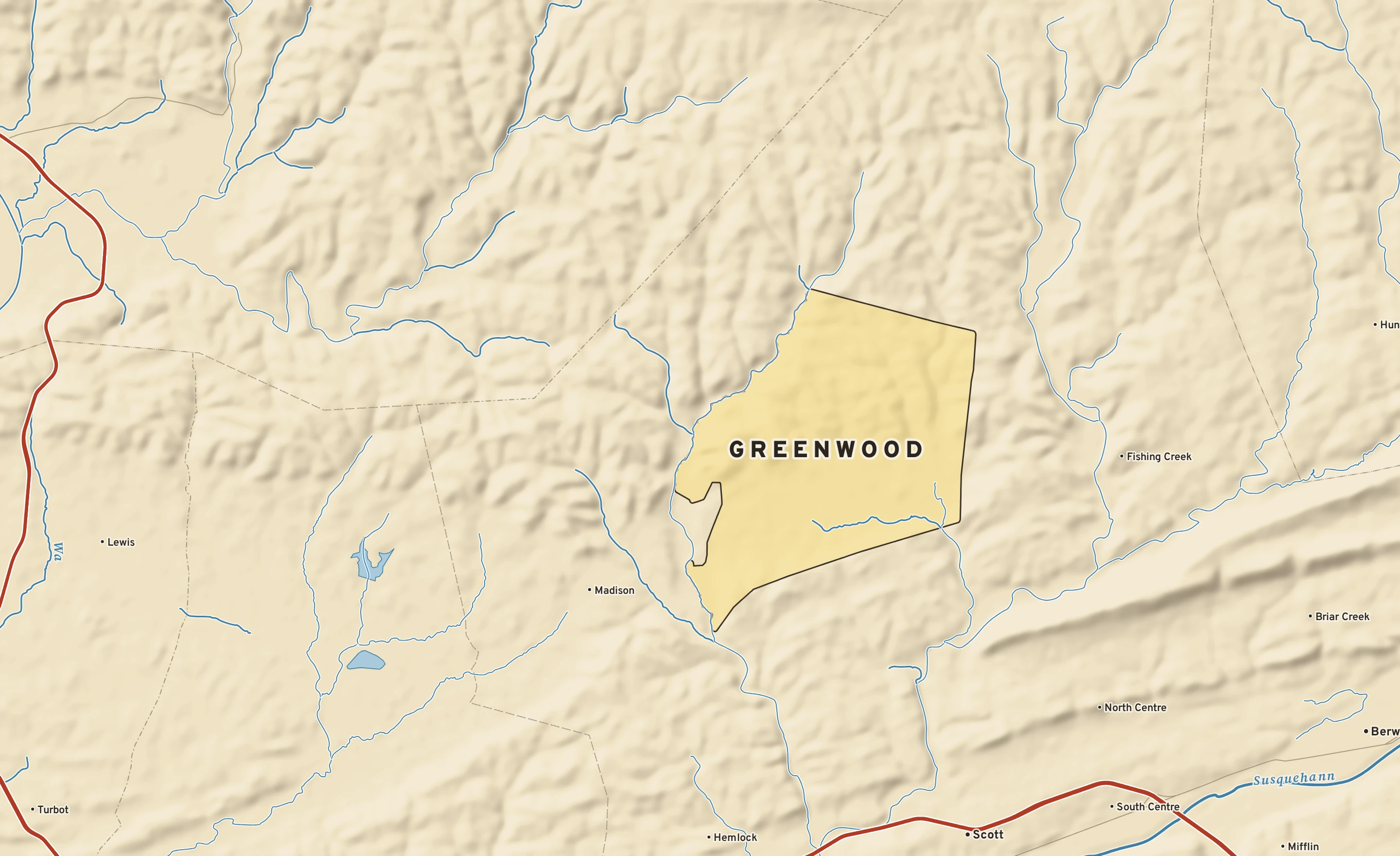 Shaded-relief atlas plate of Greenwood, Pennsylvania: rivers, roads, the city limits and where the water drains.