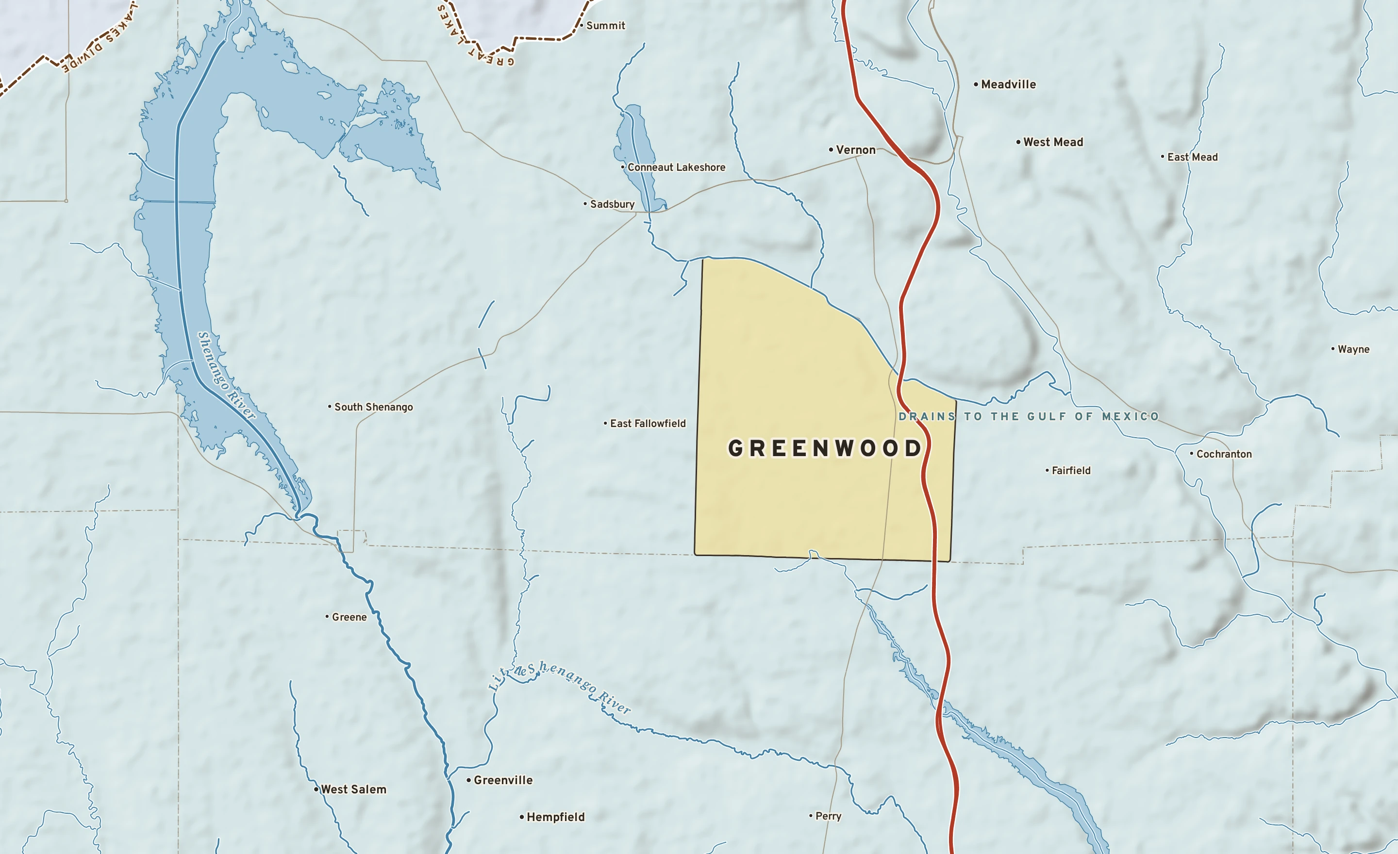 Shaded-relief atlas plate of Greenwood, Pennsylvania: rivers, roads, the city limits and where the water drains.