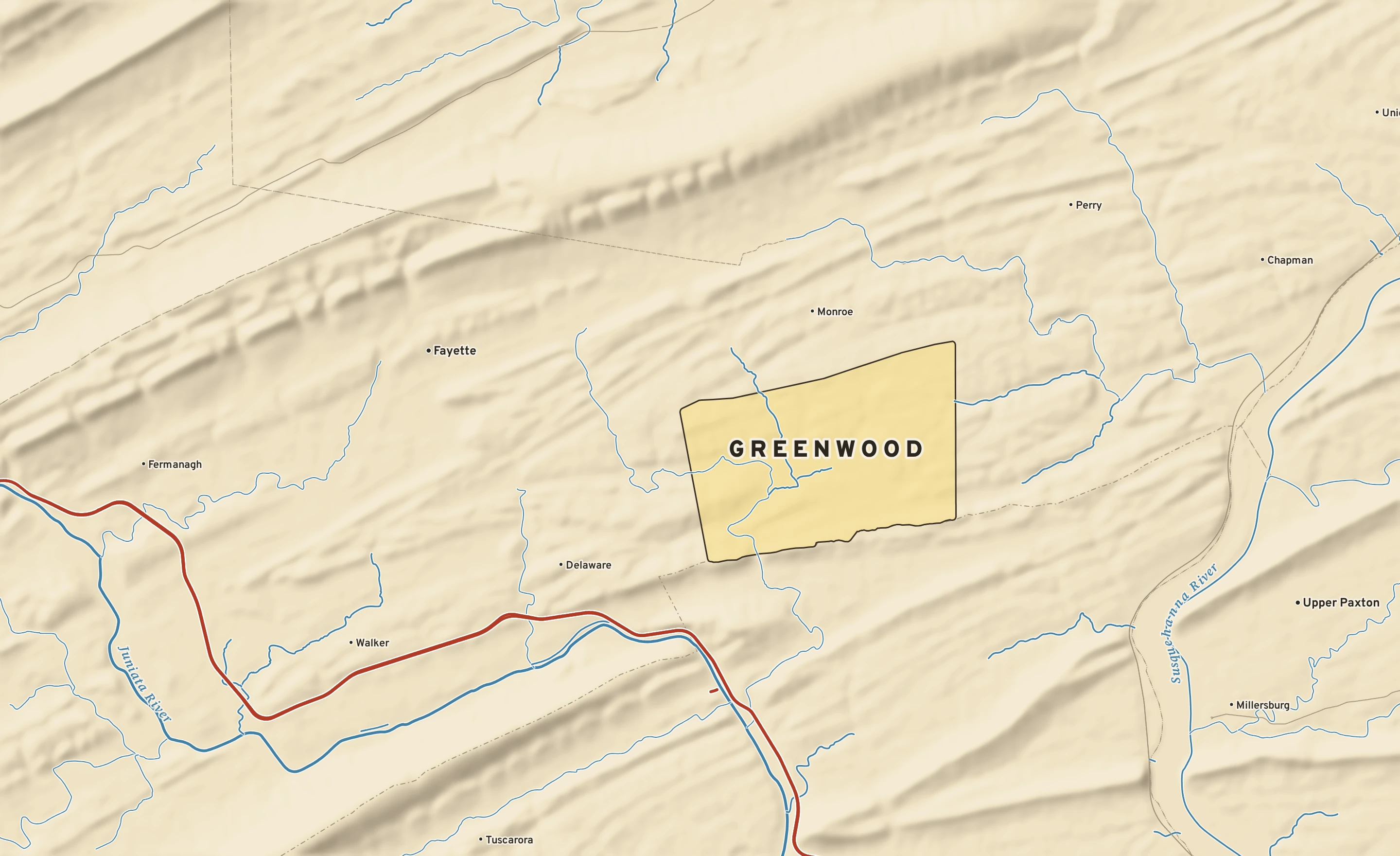 Shaded-relief atlas plate of Greenwood, Pennsylvania: rivers, roads, the city limits and where the water drains.