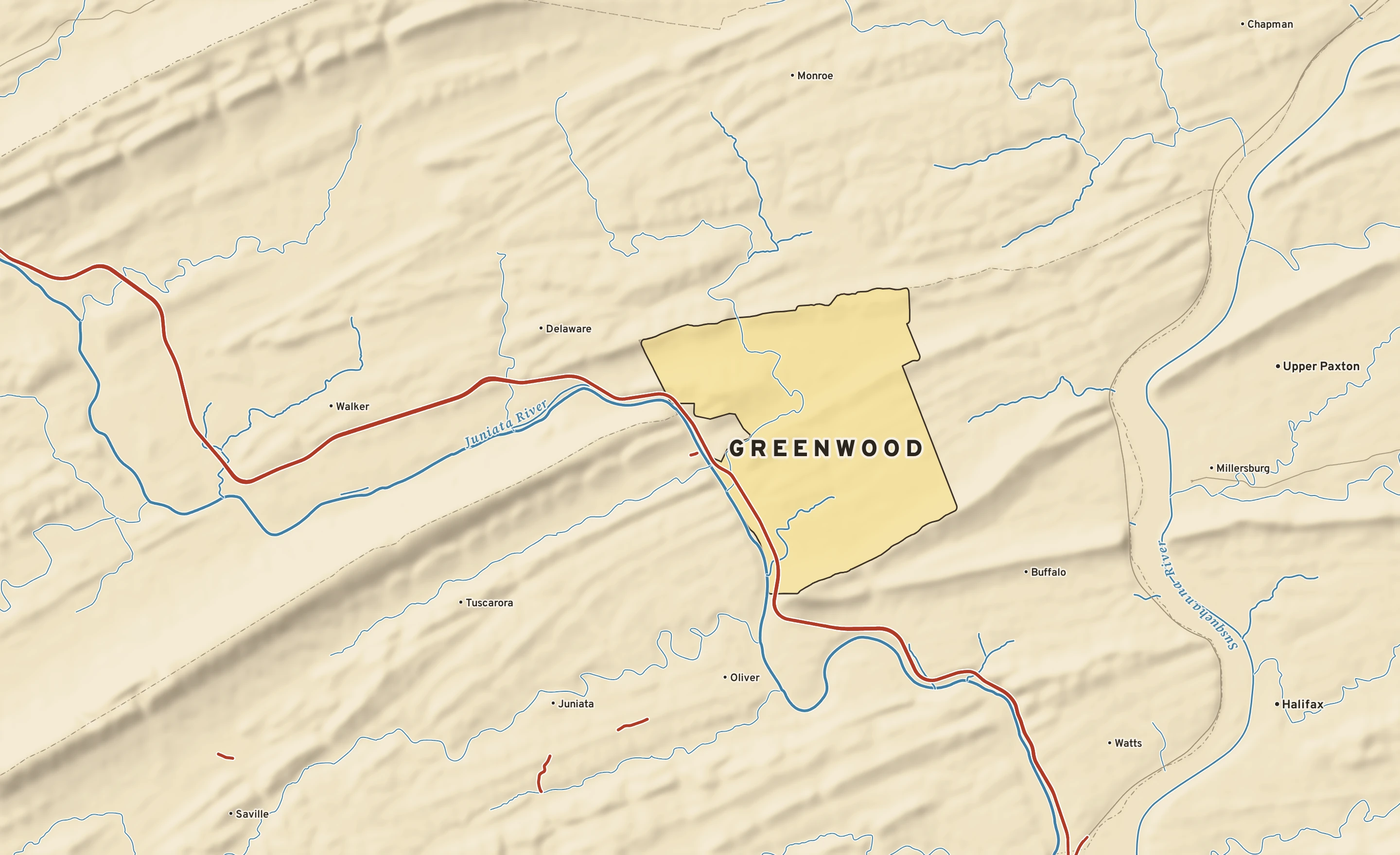 Shaded-relief atlas plate of Greenwood, Pennsylvania: rivers, roads, the city limits and where the water drains.