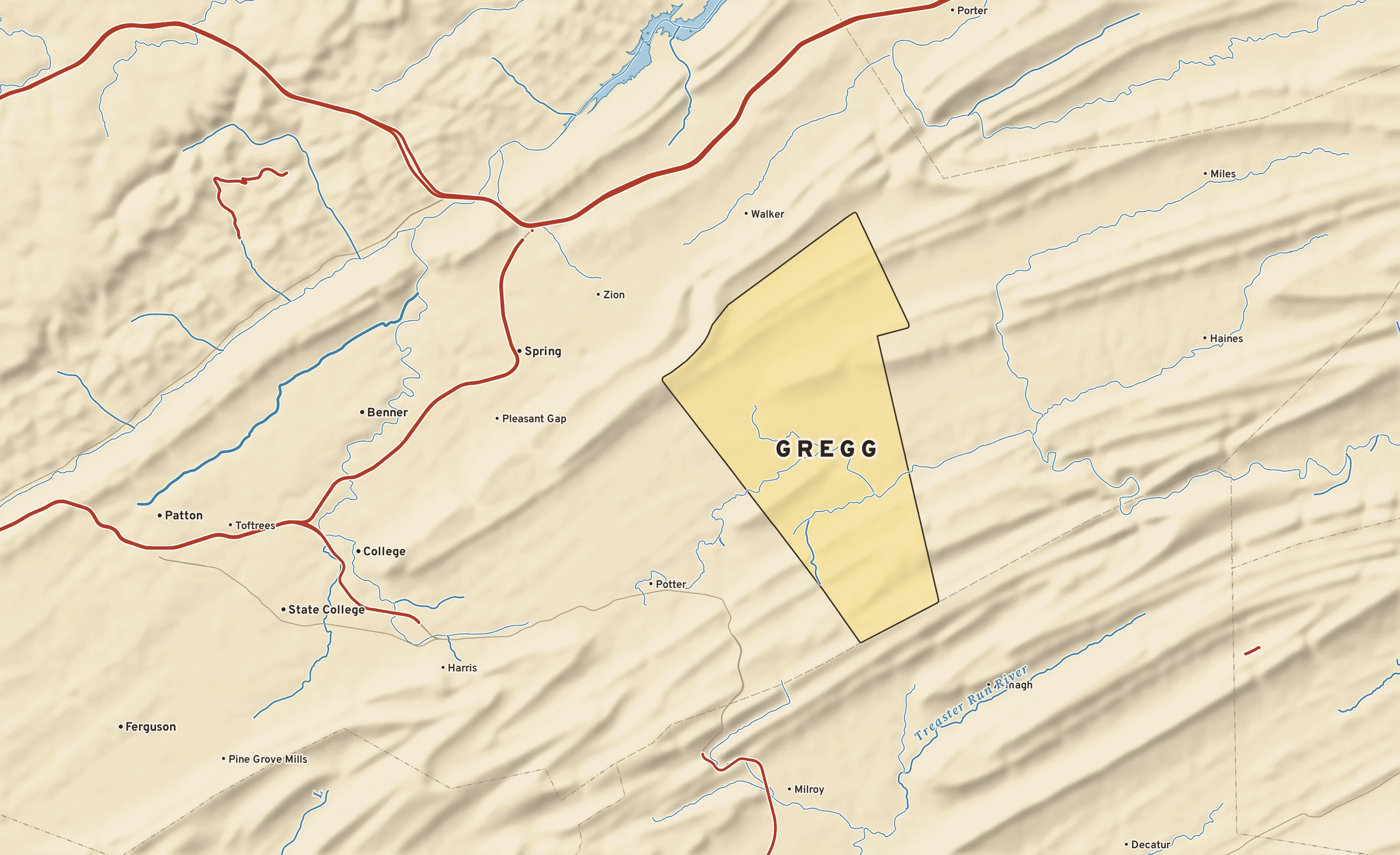 Shaded-relief atlas plate of Gregg, Pennsylvania: rivers, roads, the city limits and where the water drains.