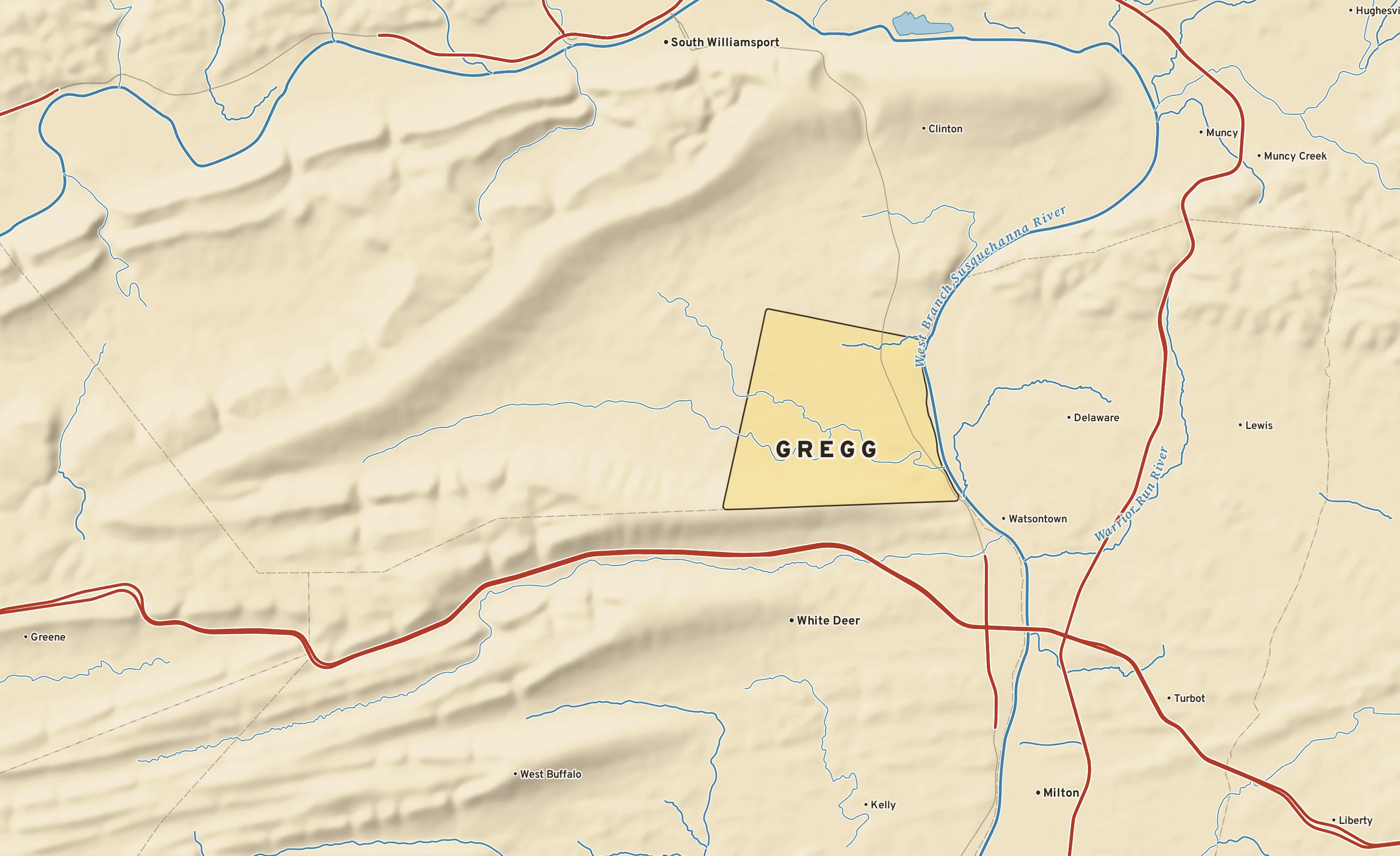 Shaded-relief atlas plate of Gregg, Pennsylvania: rivers, roads, the city limits and where the water drains.