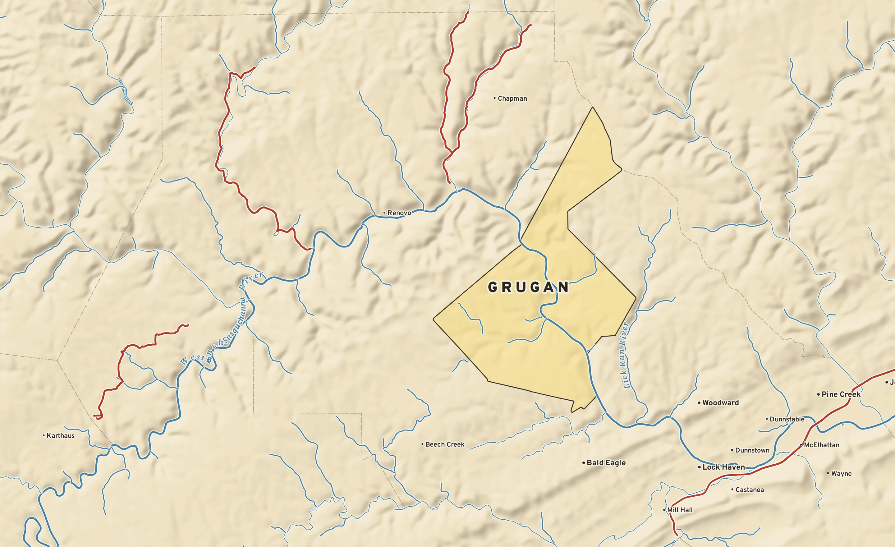 Shaded-relief atlas plate of Grugan, Pennsylvania: rivers, roads, the city limits and where the water drains.