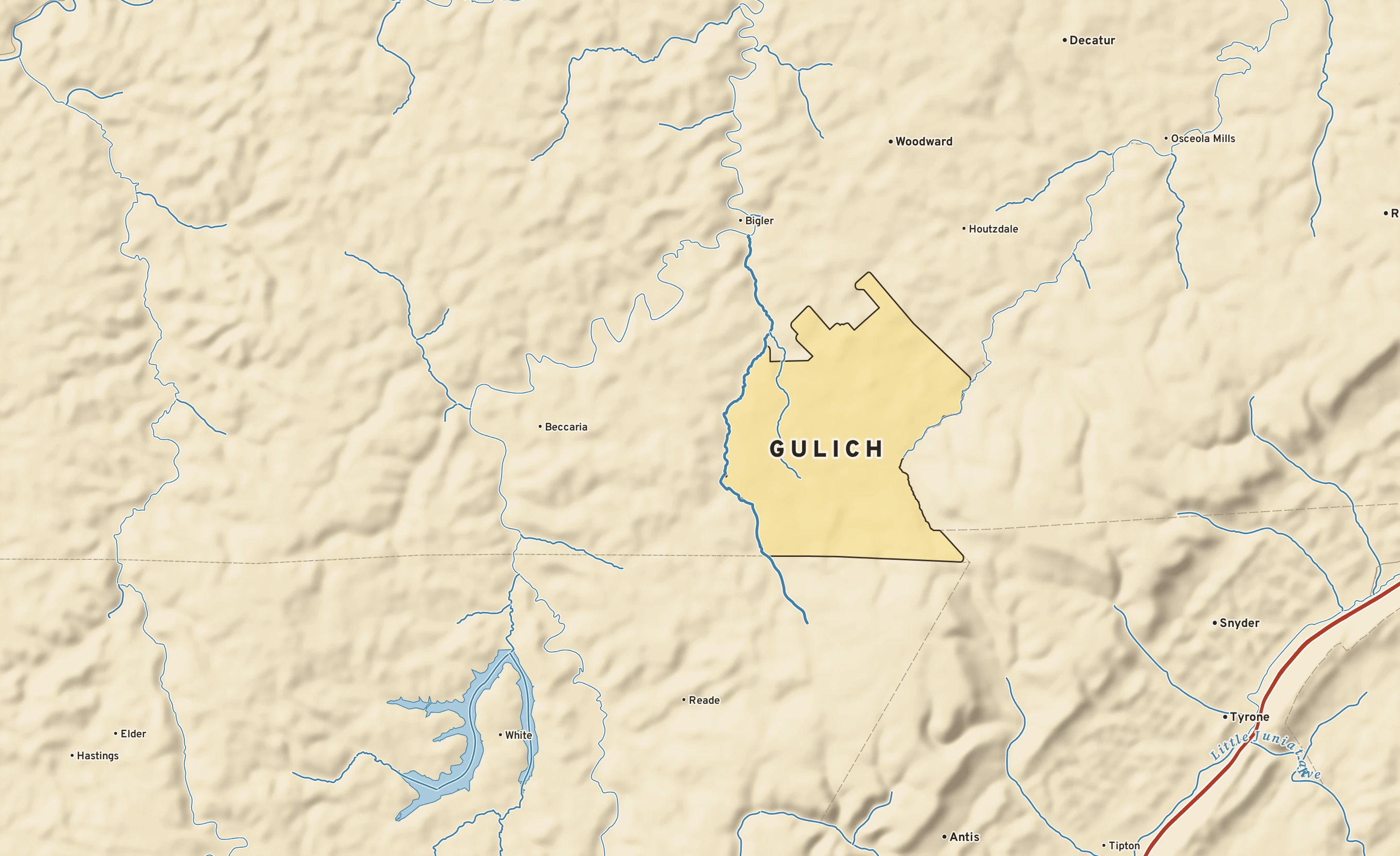 Shaded-relief atlas plate of Gulich, Pennsylvania: rivers, roads, the city limits and where the water drains.