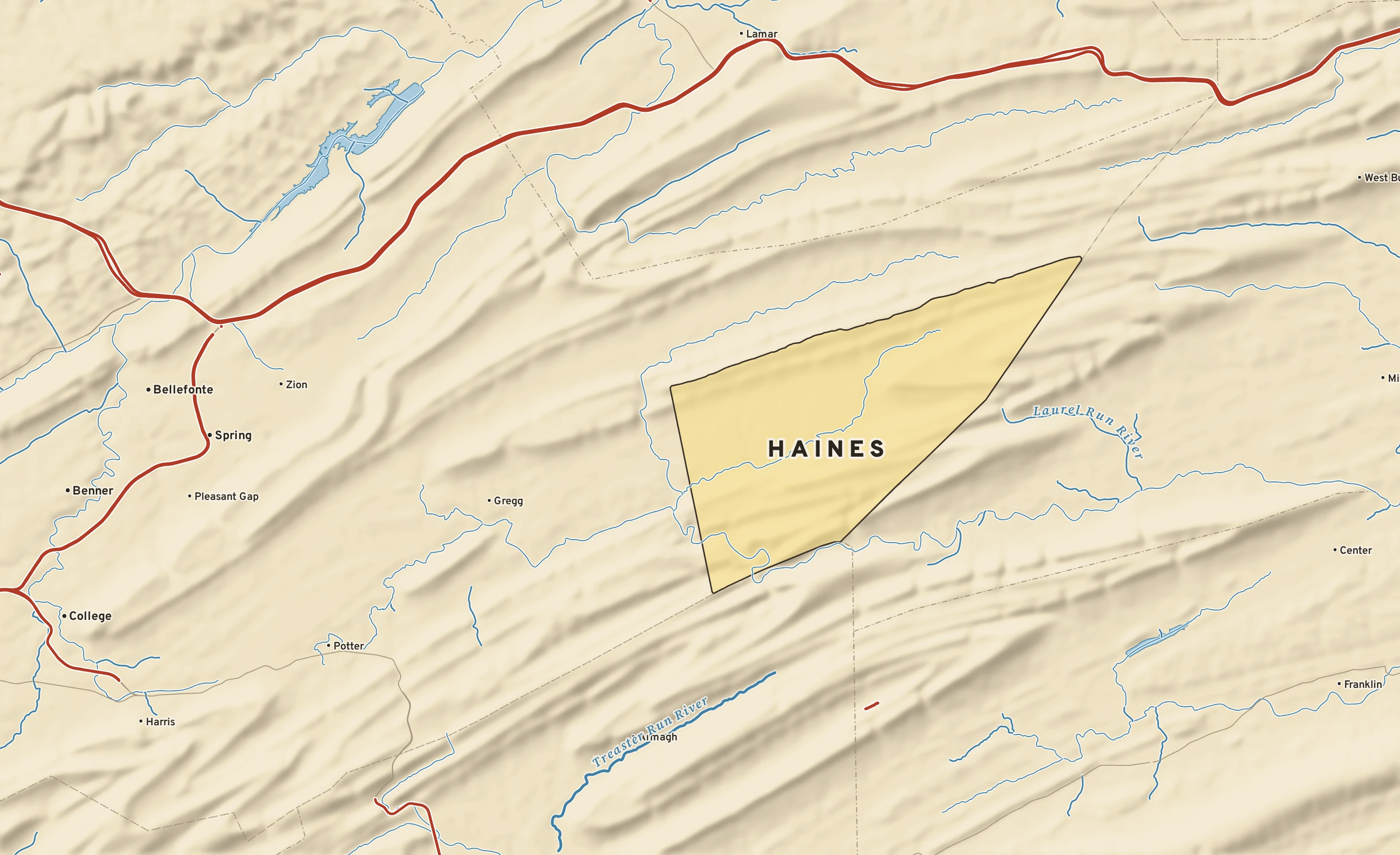 Shaded-relief atlas plate of Haines, Pennsylvania: rivers, roads, the city limits and where the water drains.