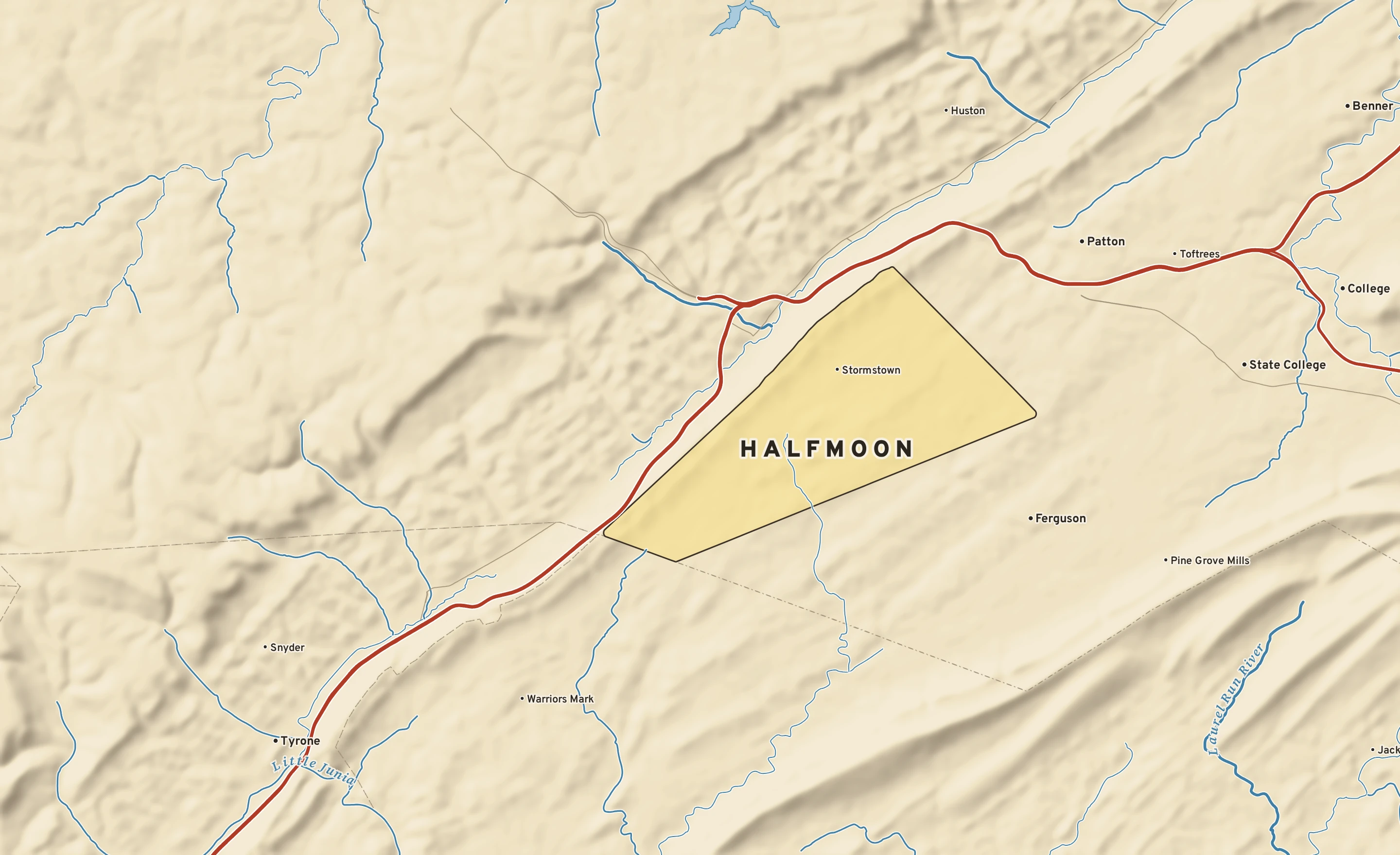 Shaded-relief atlas plate of Halfmoon, Pennsylvania: rivers, roads, the city limits and where the water drains.