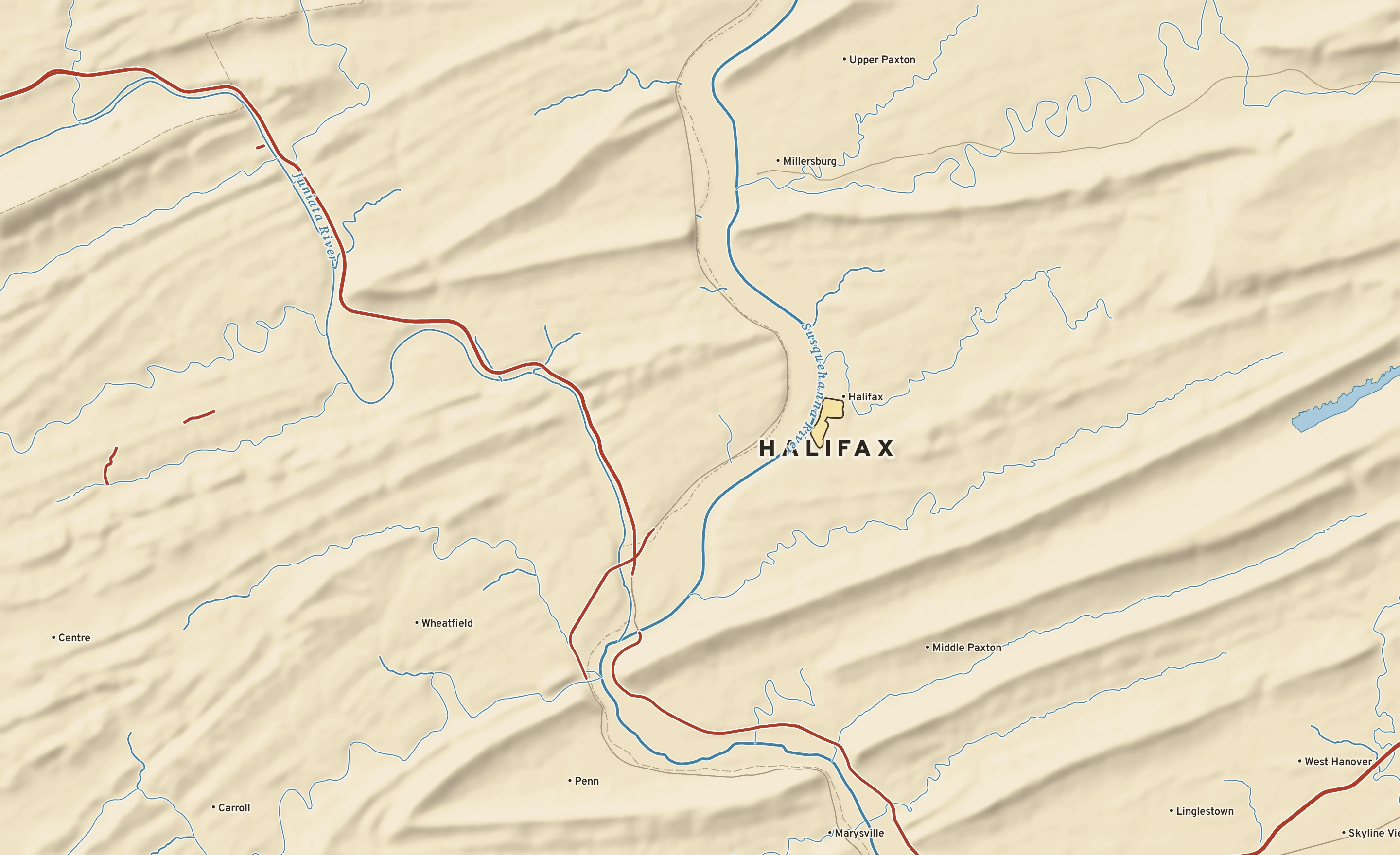 Shaded-relief atlas plate of Halifax, Pennsylvania: rivers, roads, the city limits and where the water drains.