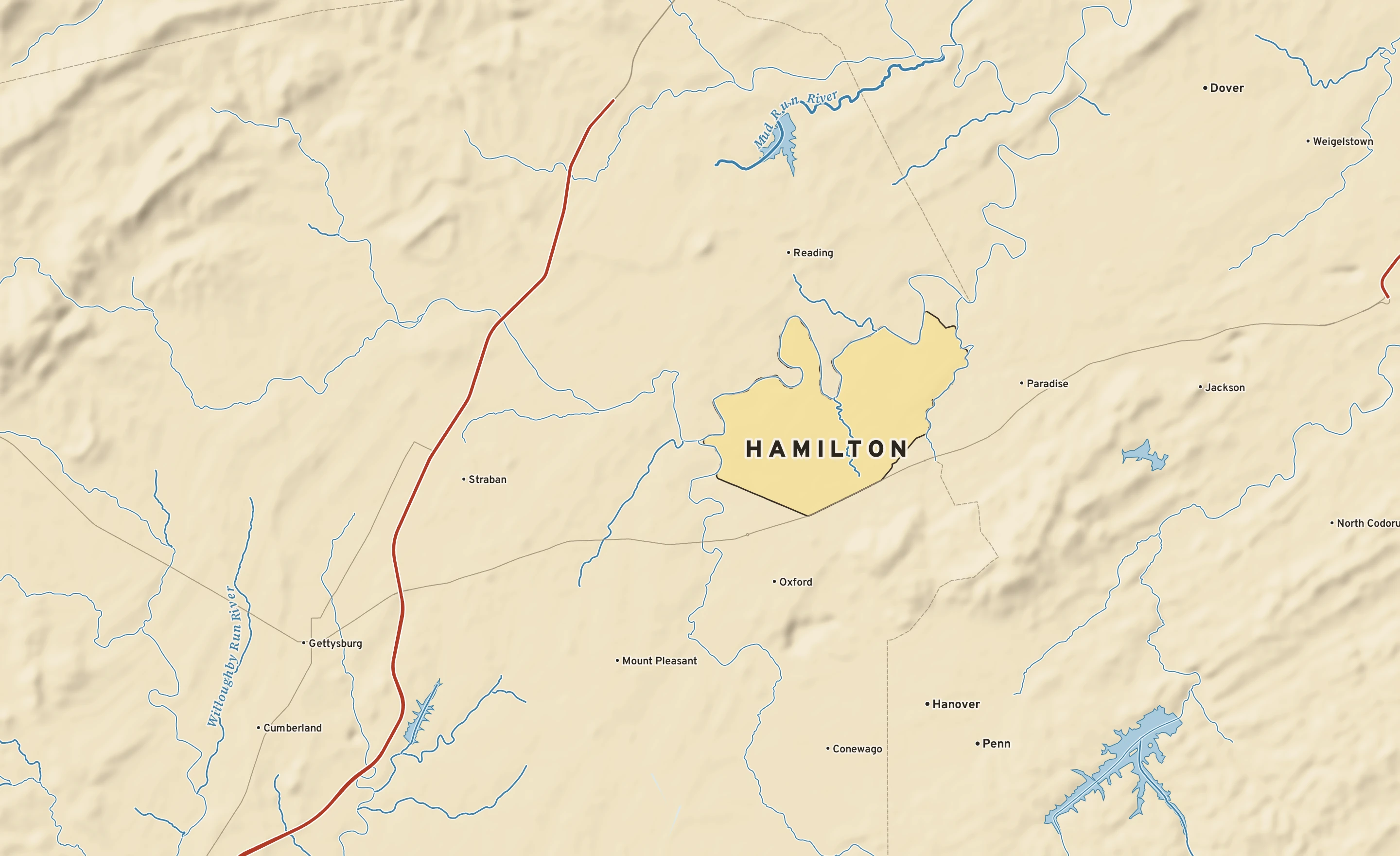 Shaded-relief atlas plate of Hamilton, Pennsylvania: rivers, roads, the city limits and where the water drains.