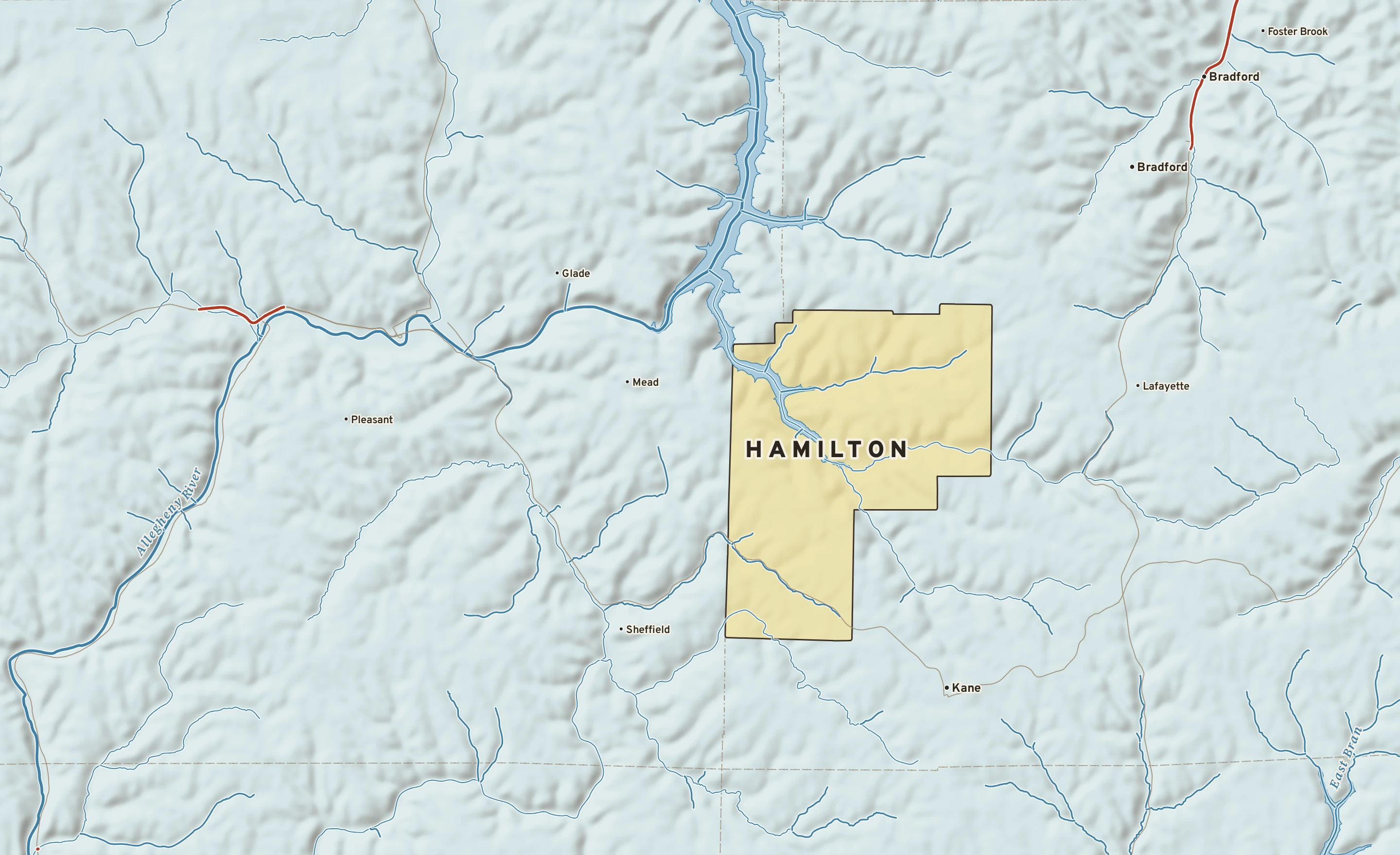 Shaded-relief atlas plate of Hamilton, Pennsylvania: rivers, roads, the city limits and where the water drains.