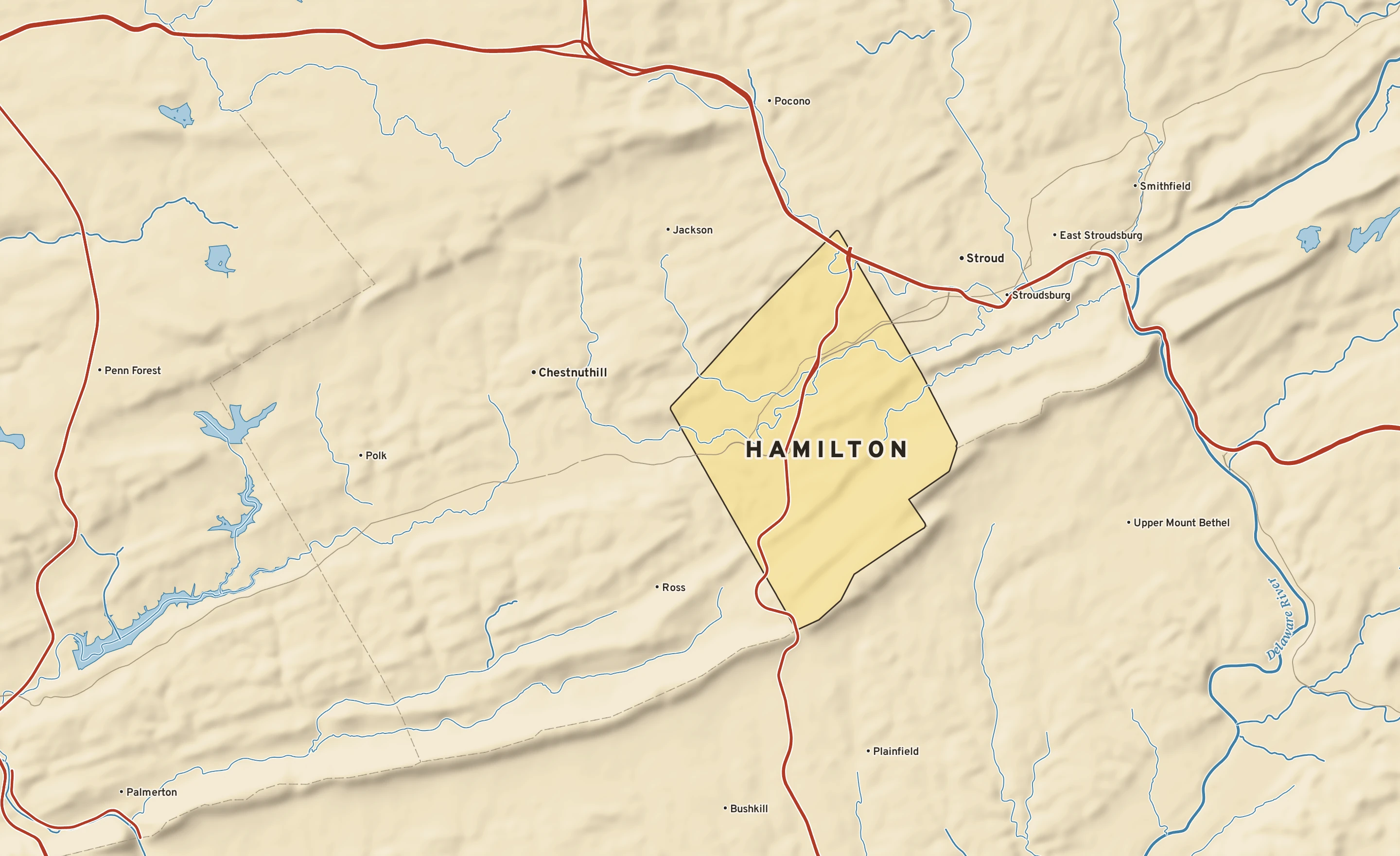 Shaded-relief atlas plate of Hamilton, Pennsylvania: rivers, roads, the city limits and where the water drains.