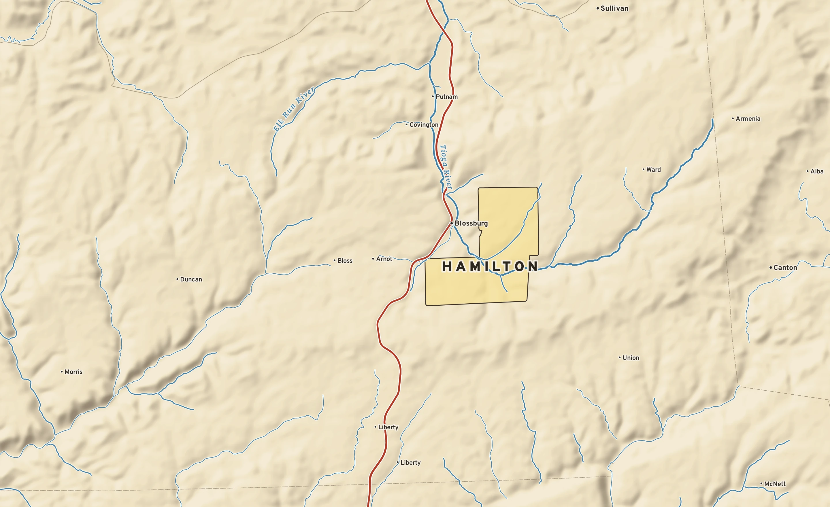 Shaded-relief atlas plate of Hamilton, Pennsylvania: rivers, roads, the city limits and where the water drains.