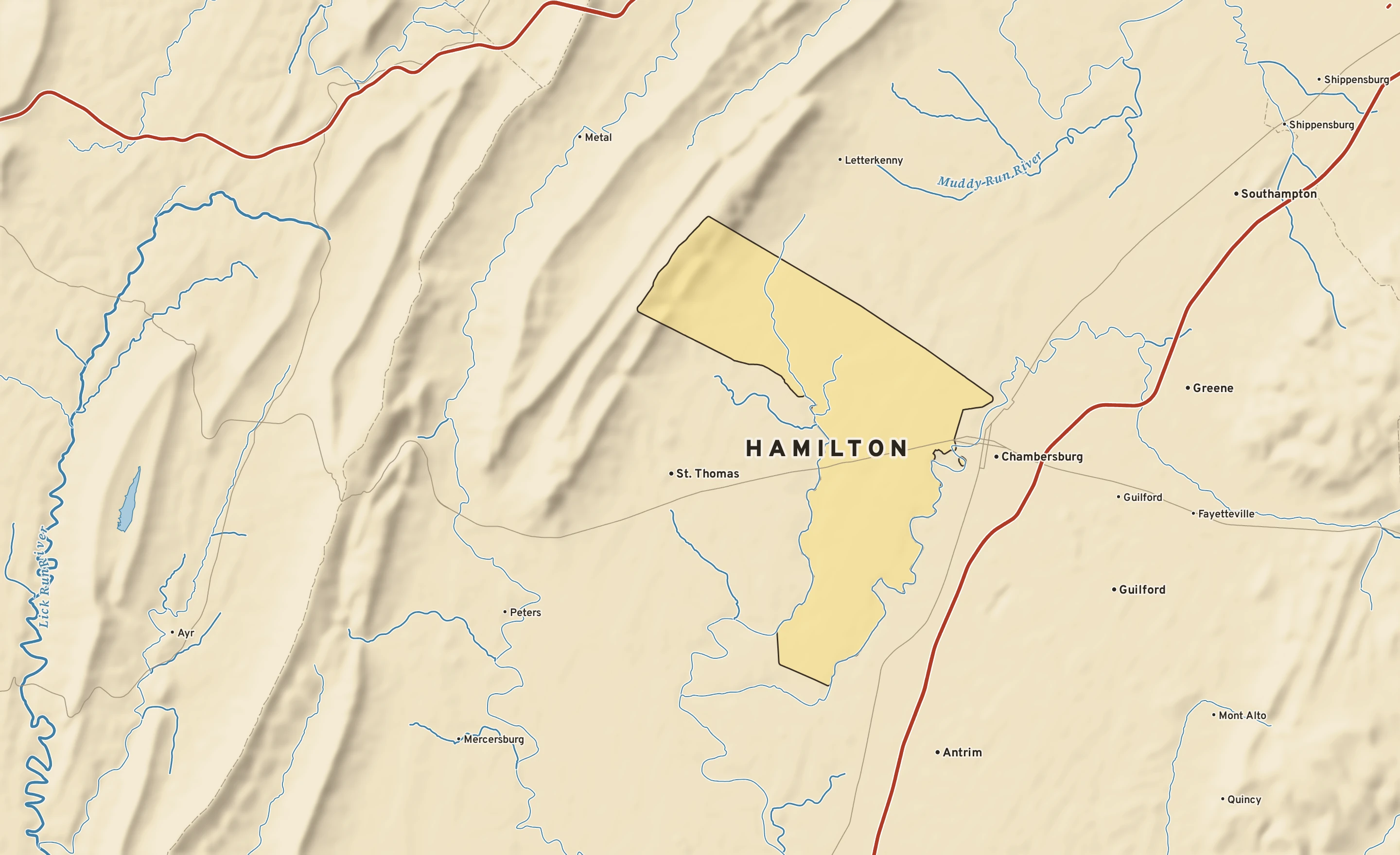 Shaded-relief atlas plate of Hamilton, Pennsylvania: rivers, roads, the city limits and where the water drains.