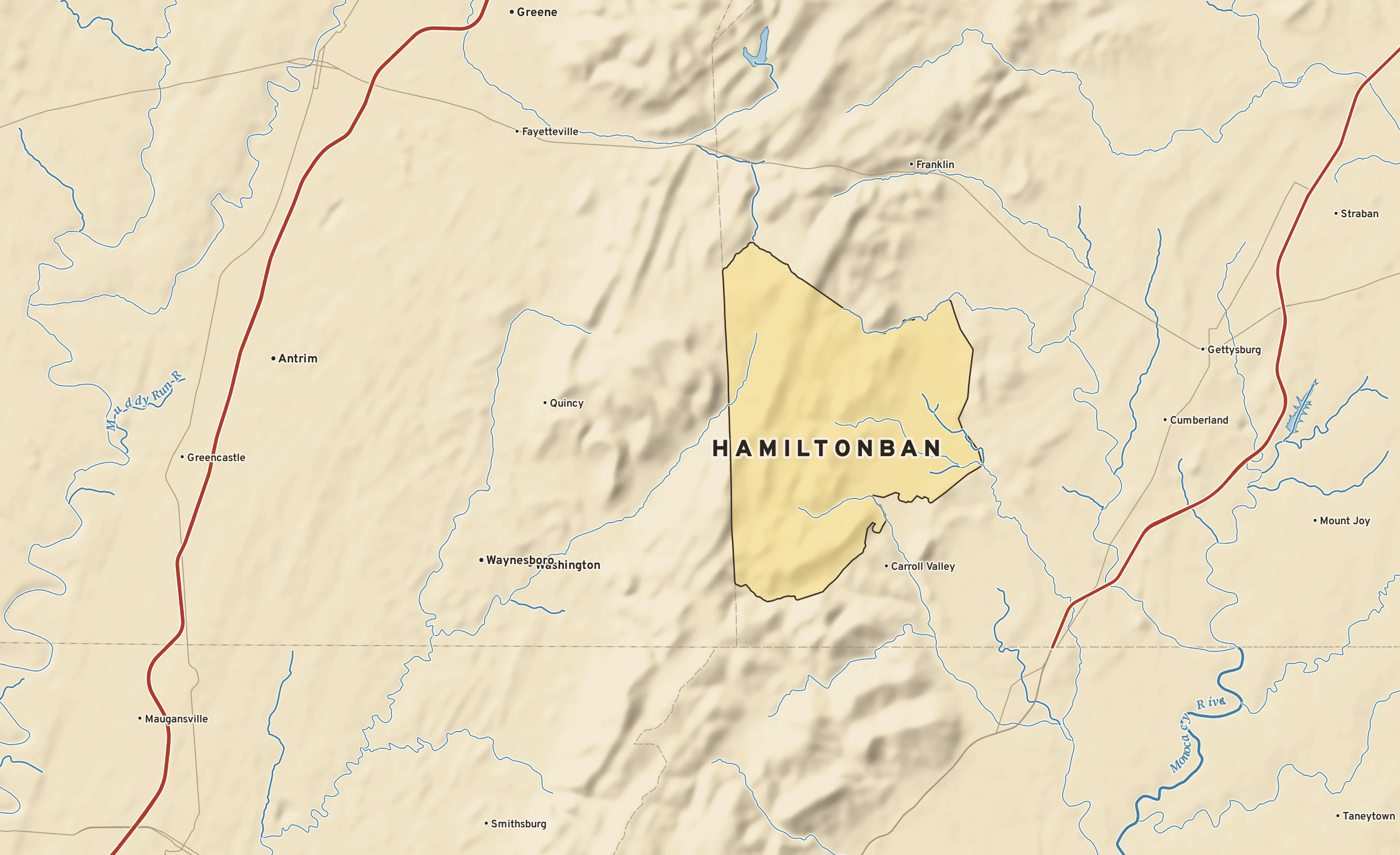 Shaded-relief atlas plate of Hamiltonban, Pennsylvania: rivers, roads, the city limits and where the water drains.