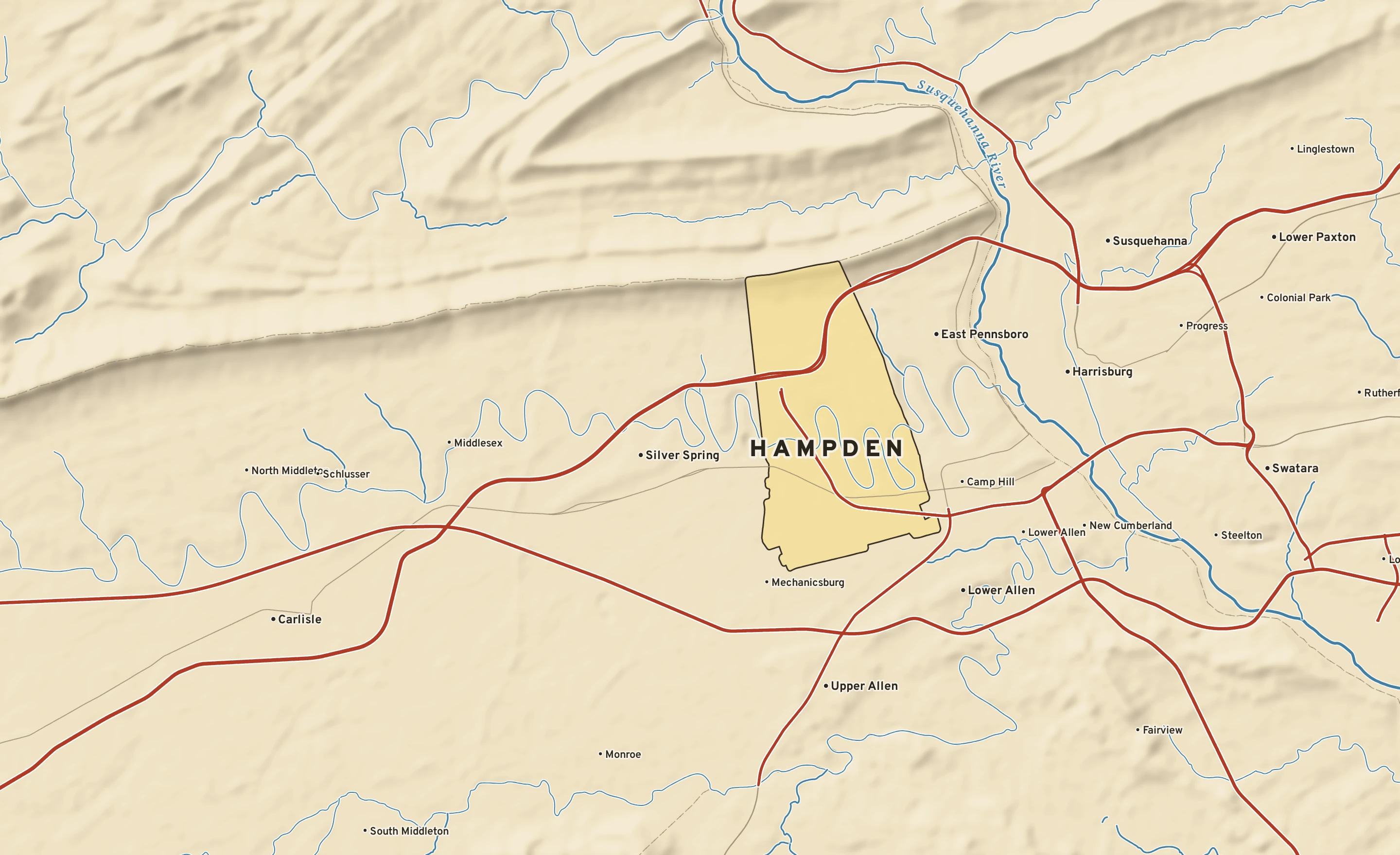 Shaded-relief atlas plate of Hampden, Pennsylvania: rivers, roads, the city limits and where the water drains.