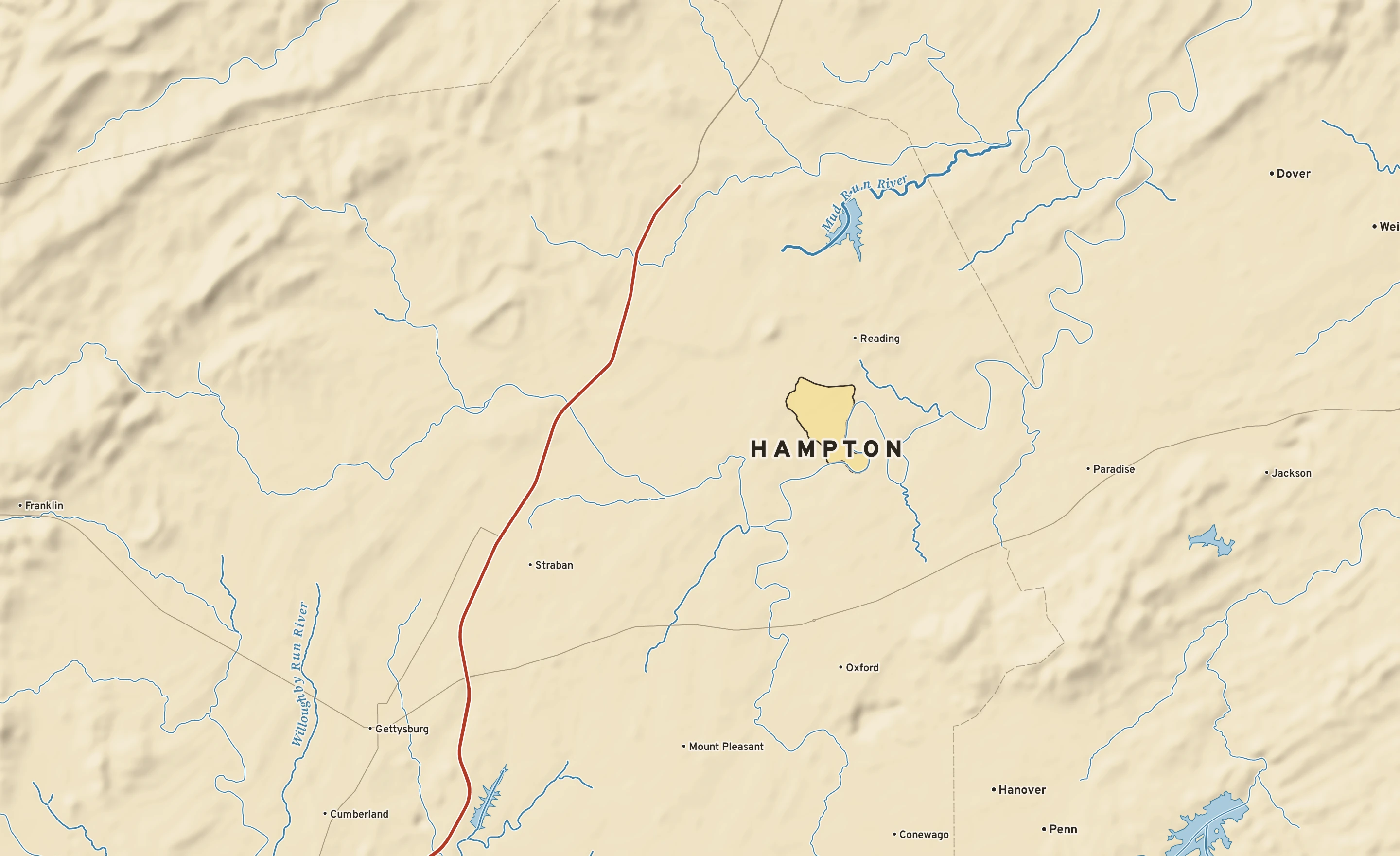 Shaded-relief atlas plate of Hampton, Pennsylvania: rivers, roads, the city limits and where the water drains.