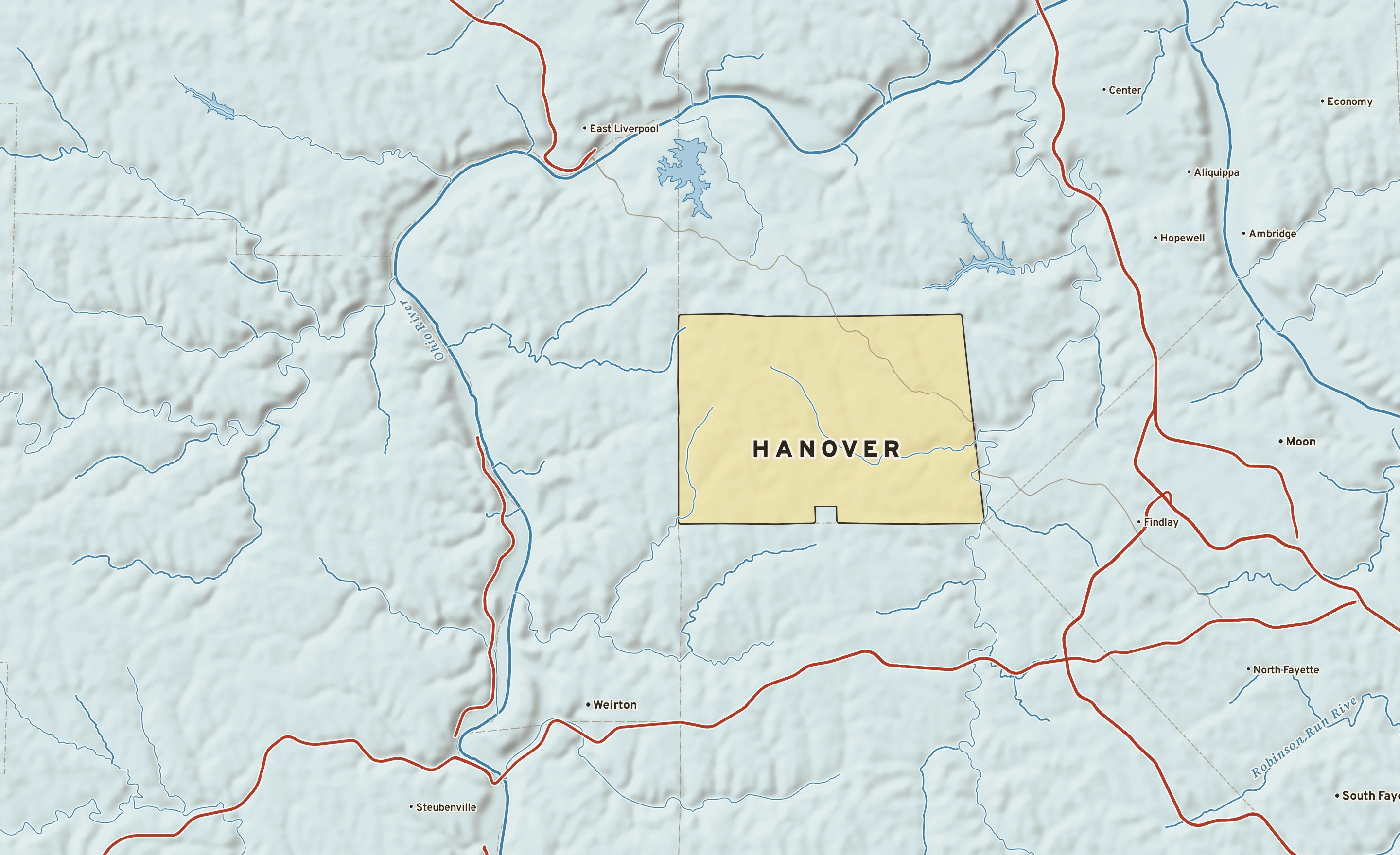 Shaded-relief atlas plate of Hanover, Pennsylvania: rivers, roads, the city limits and where the water drains.