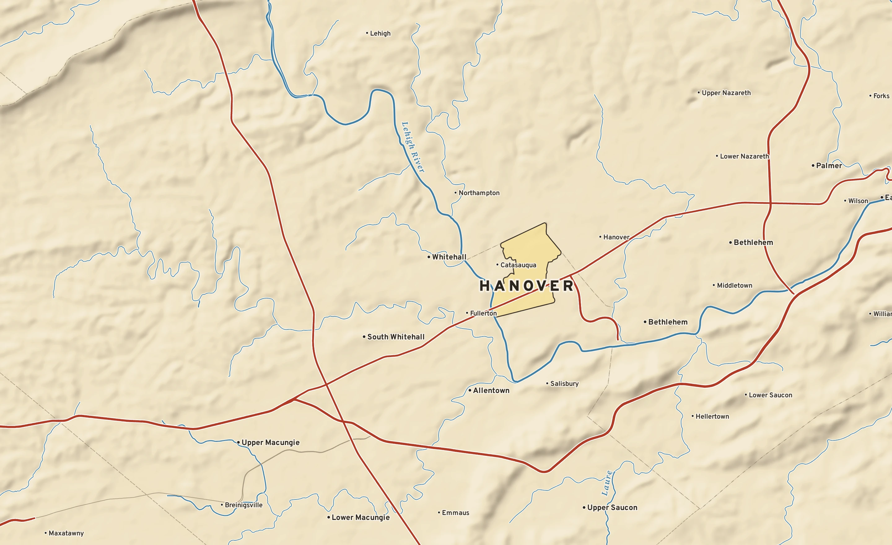 Shaded-relief atlas plate of Hanover, Pennsylvania: rivers, roads, the city limits and where the water drains.