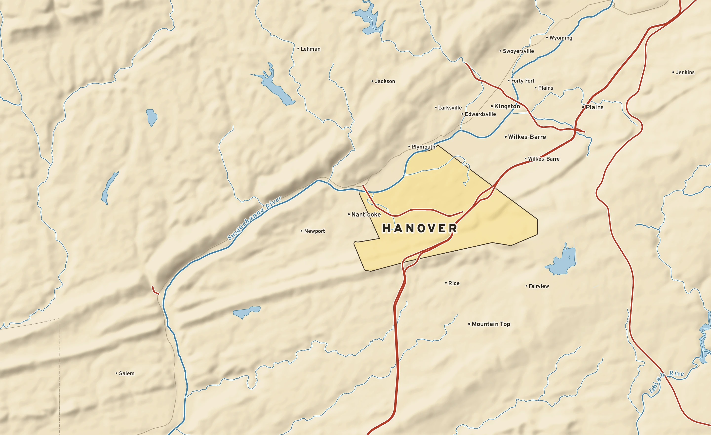 Shaded-relief atlas plate of Hanover, Pennsylvania: rivers, roads, the city limits and where the water drains.