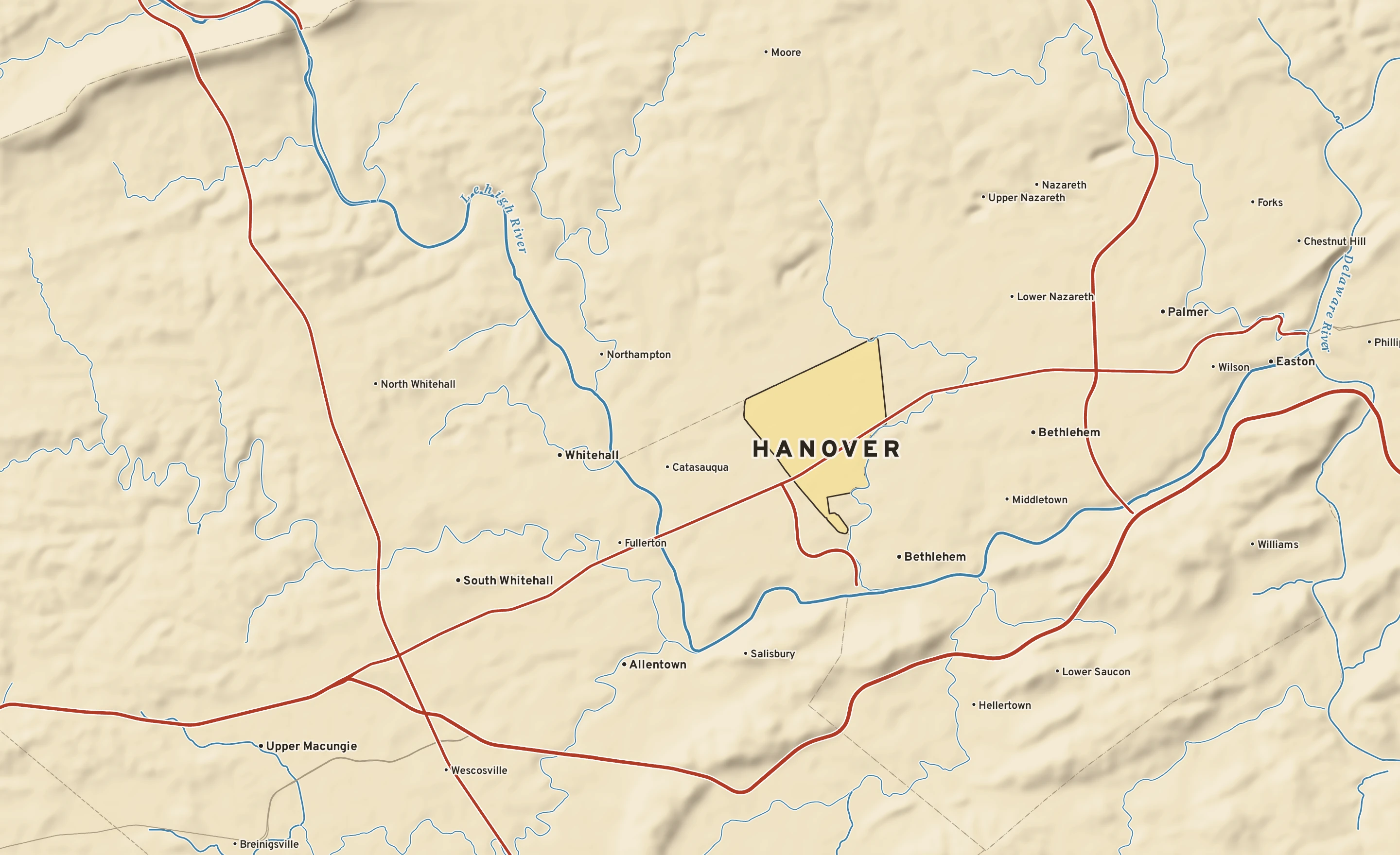 Shaded-relief atlas plate of Hanover, Pennsylvania: rivers, roads, the city limits and where the water drains.