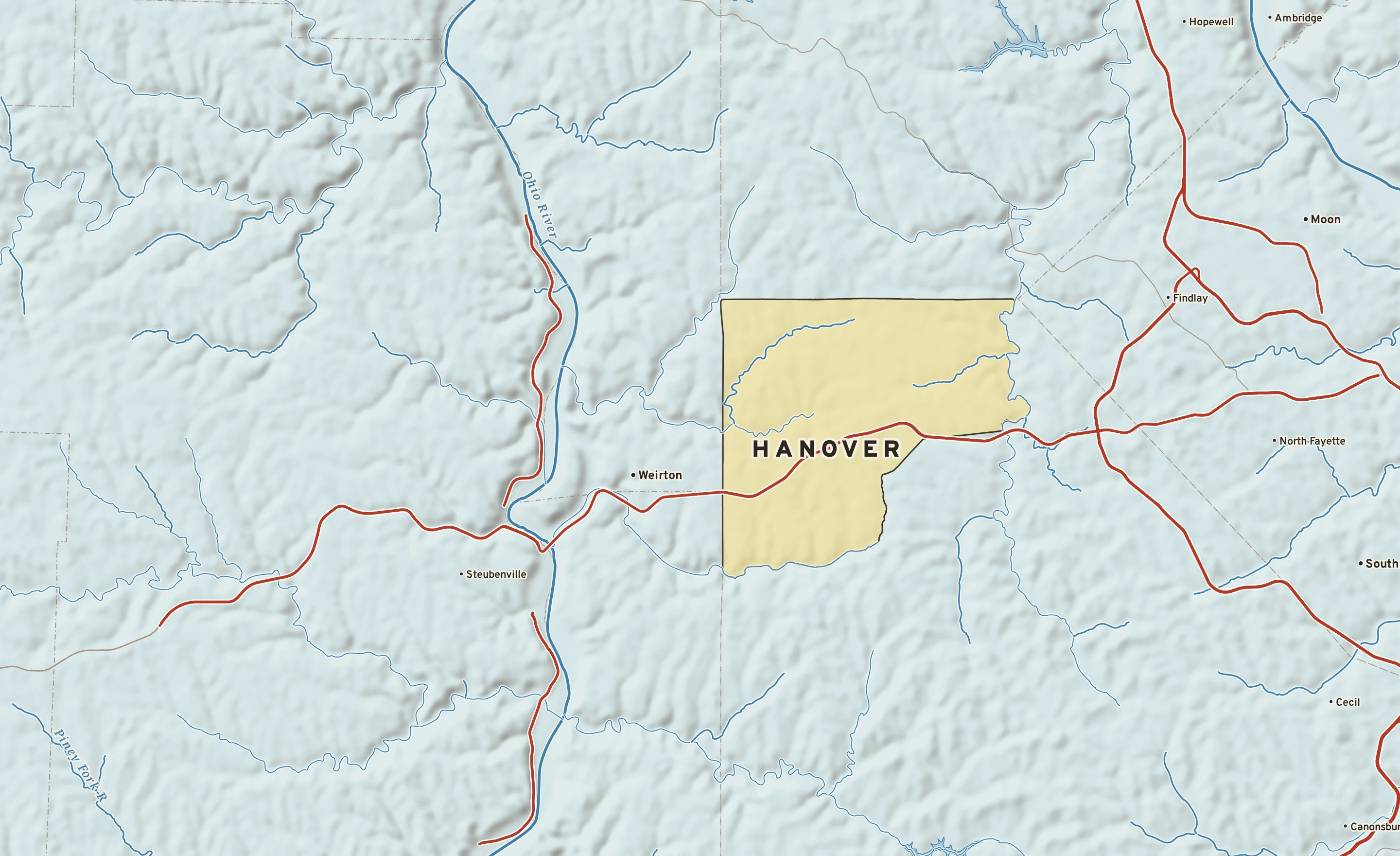 Shaded-relief atlas plate of Hanover, Pennsylvania: rivers, roads, the city limits and where the water drains.