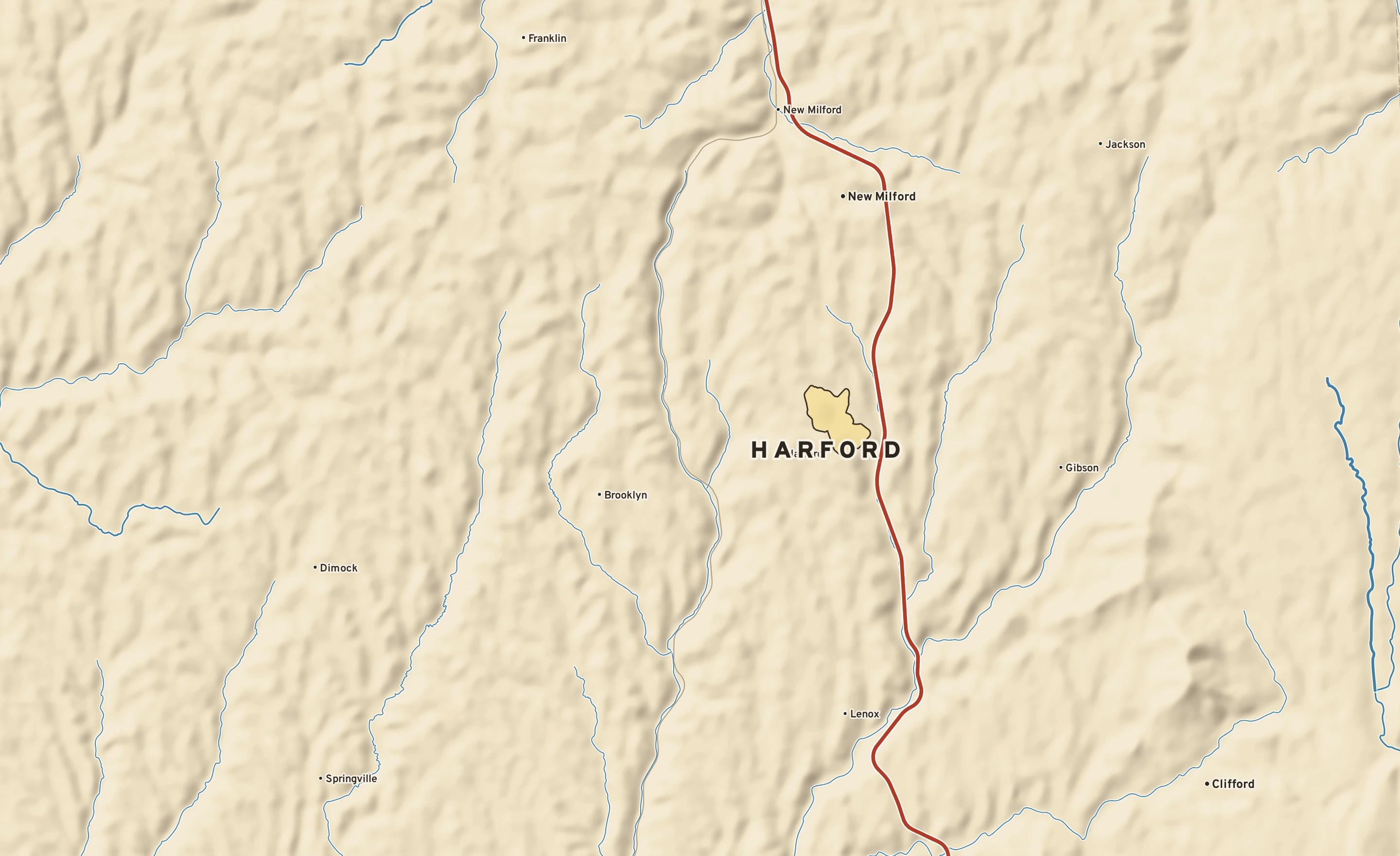 Shaded-relief atlas plate of Harford, Pennsylvania: rivers, roads, the city limits and where the water drains.