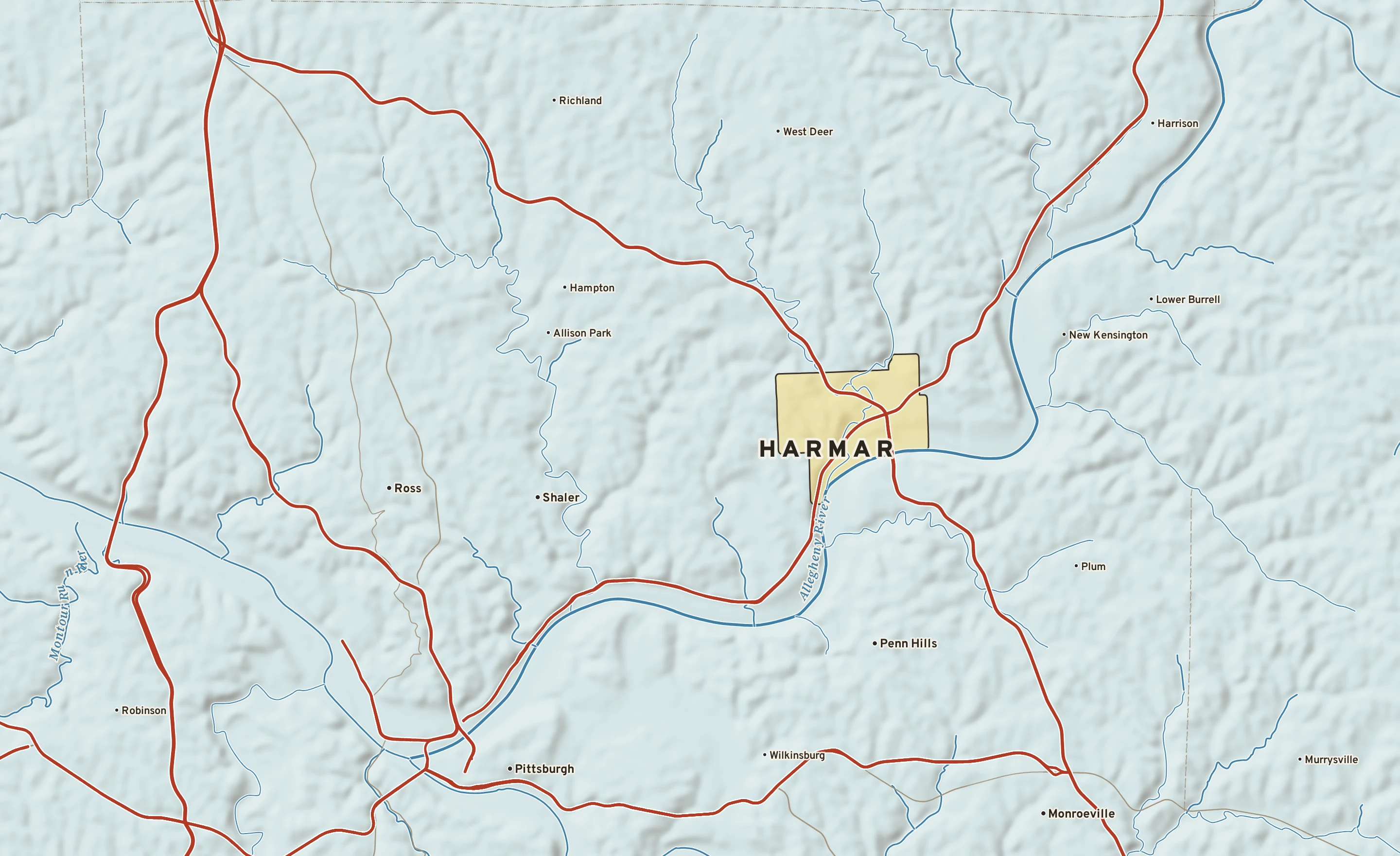 Shaded-relief atlas plate of Harmar, Pennsylvania: rivers, roads, the city limits and where the water drains.