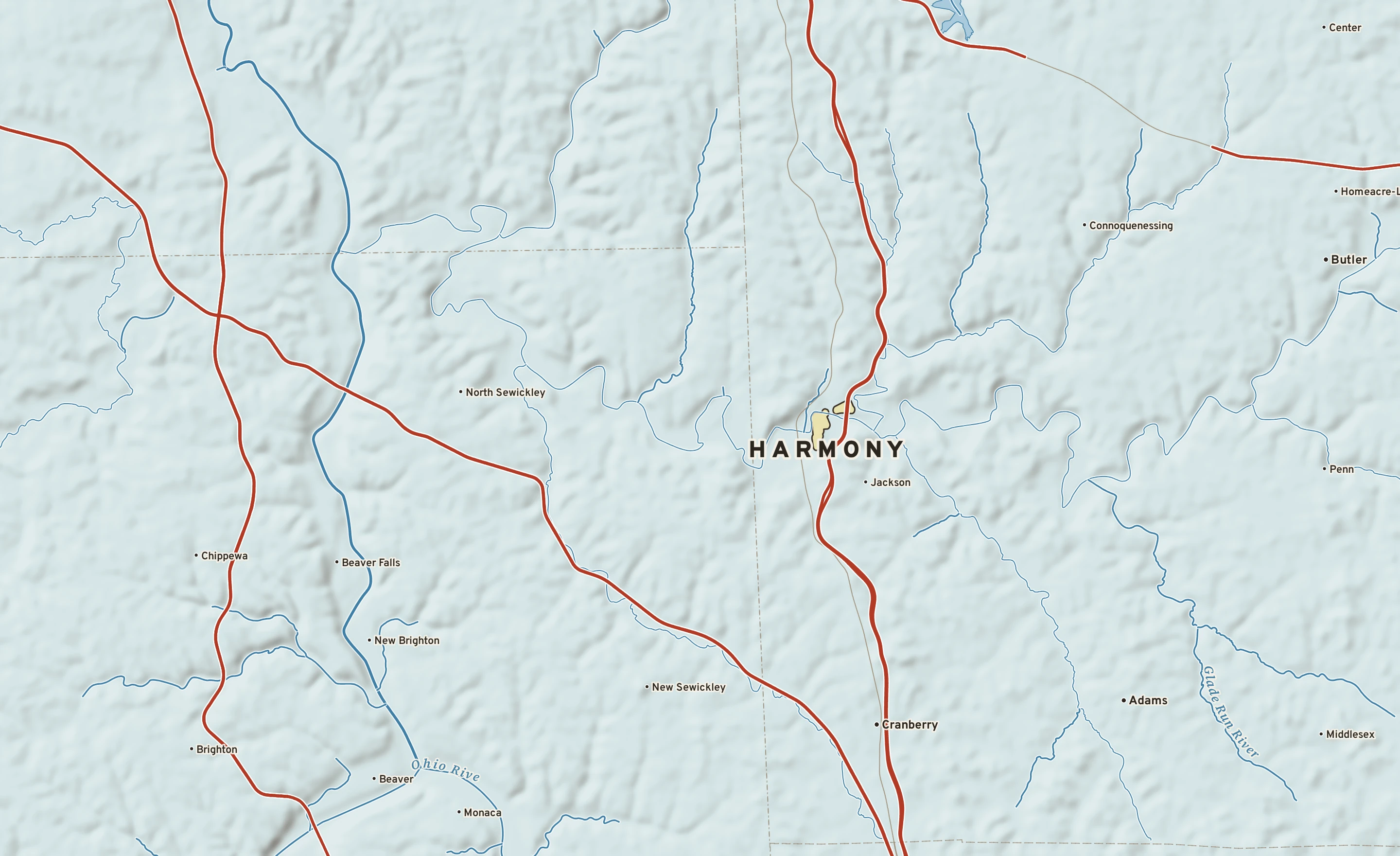 Shaded-relief atlas plate of Harmony, Pennsylvania: rivers, roads, the city limits and where the water drains.