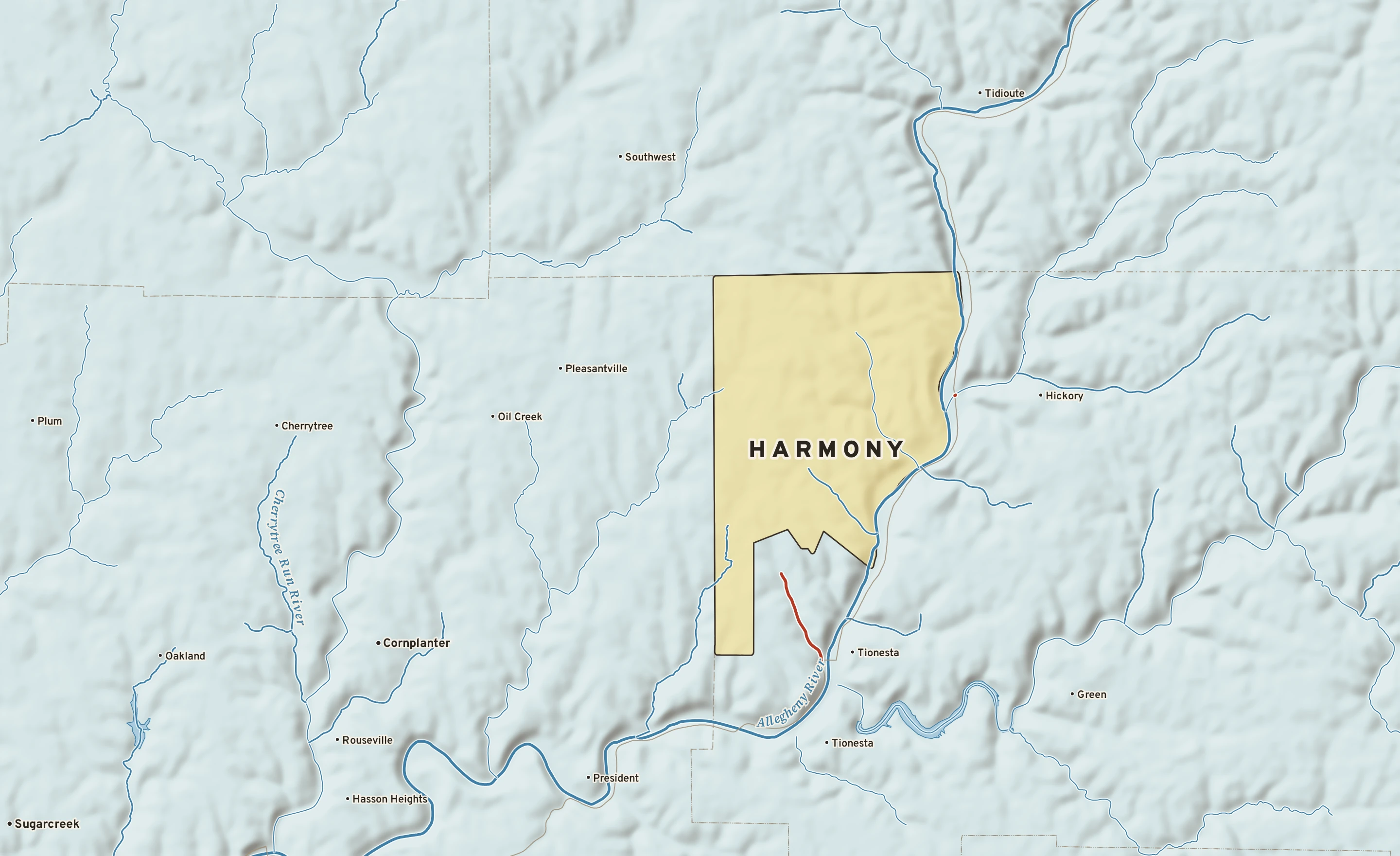Shaded-relief atlas plate of Harmony, Pennsylvania: rivers, roads, the city limits and where the water drains.
