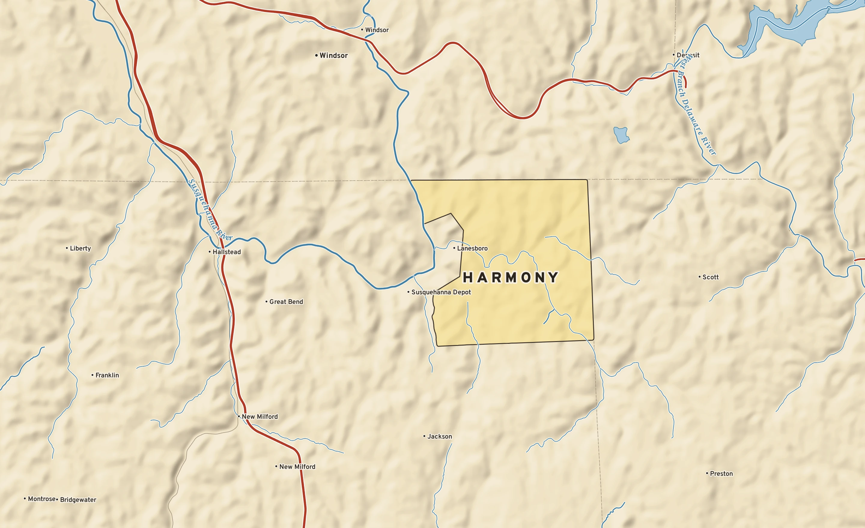 Shaded-relief atlas plate of Harmony, Pennsylvania: rivers, roads, the city limits and where the water drains.
