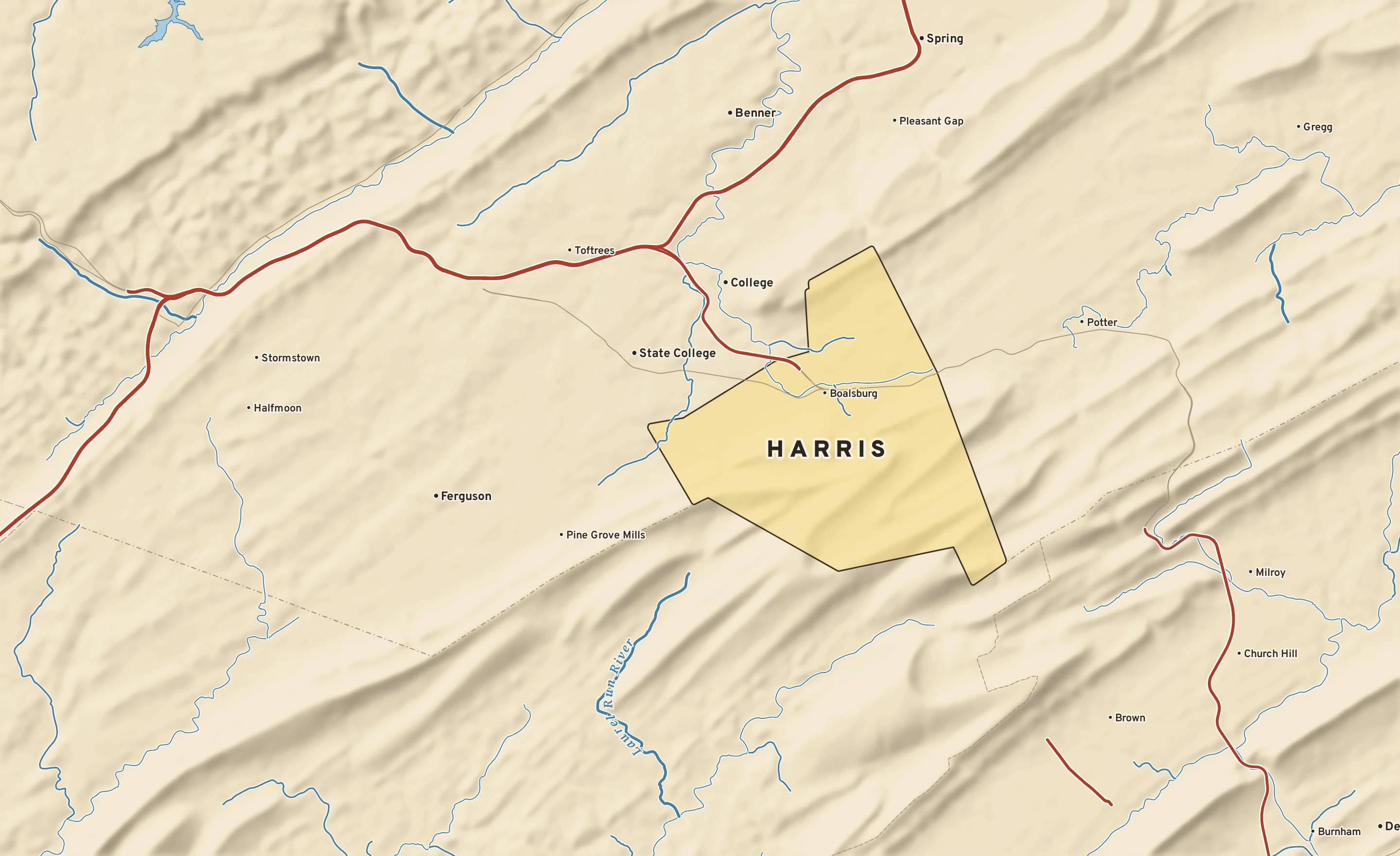 Shaded-relief atlas plate of Harris, Pennsylvania: rivers, roads, the city limits and where the water drains.