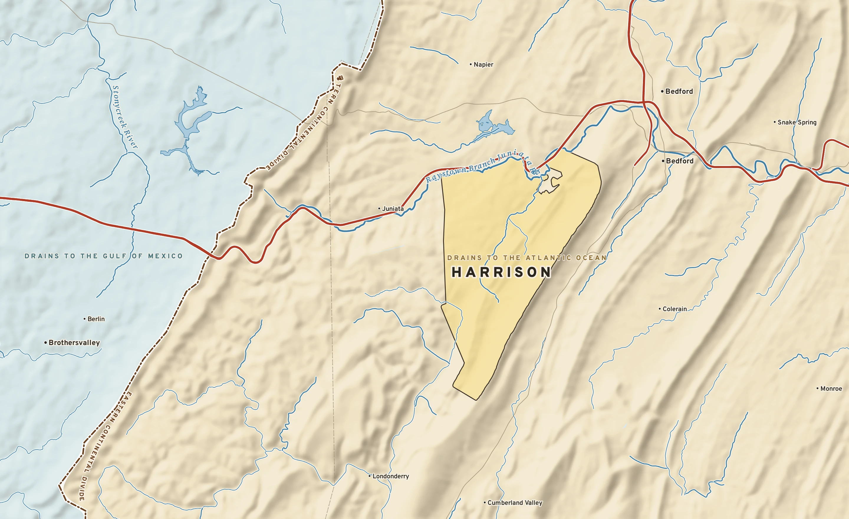 Shaded-relief atlas plate of Harrison, Pennsylvania: rivers, roads, the city limits and where the water drains.