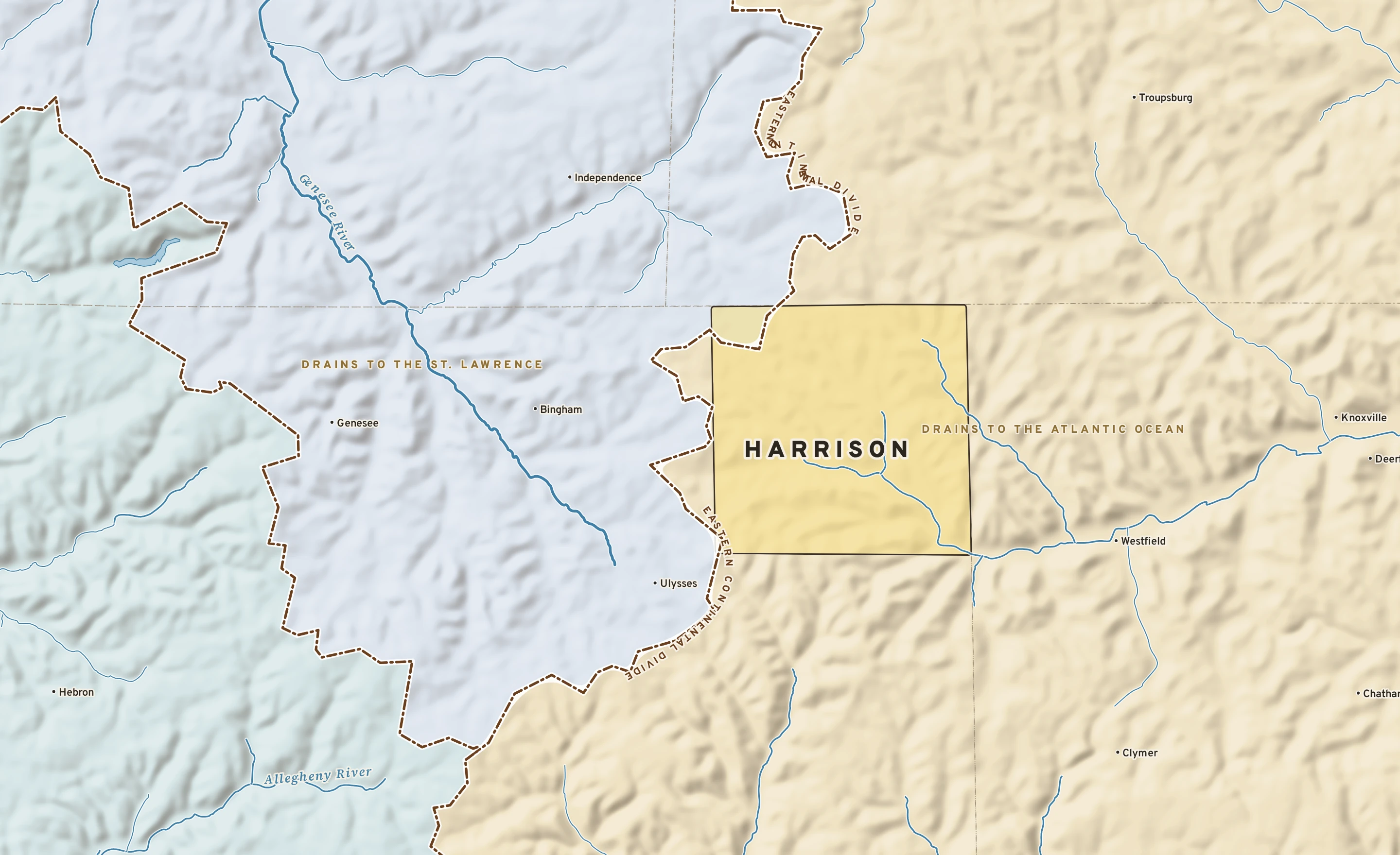 Shaded-relief atlas plate of Harrison, Pennsylvania: rivers, roads, the city limits and where the water drains.