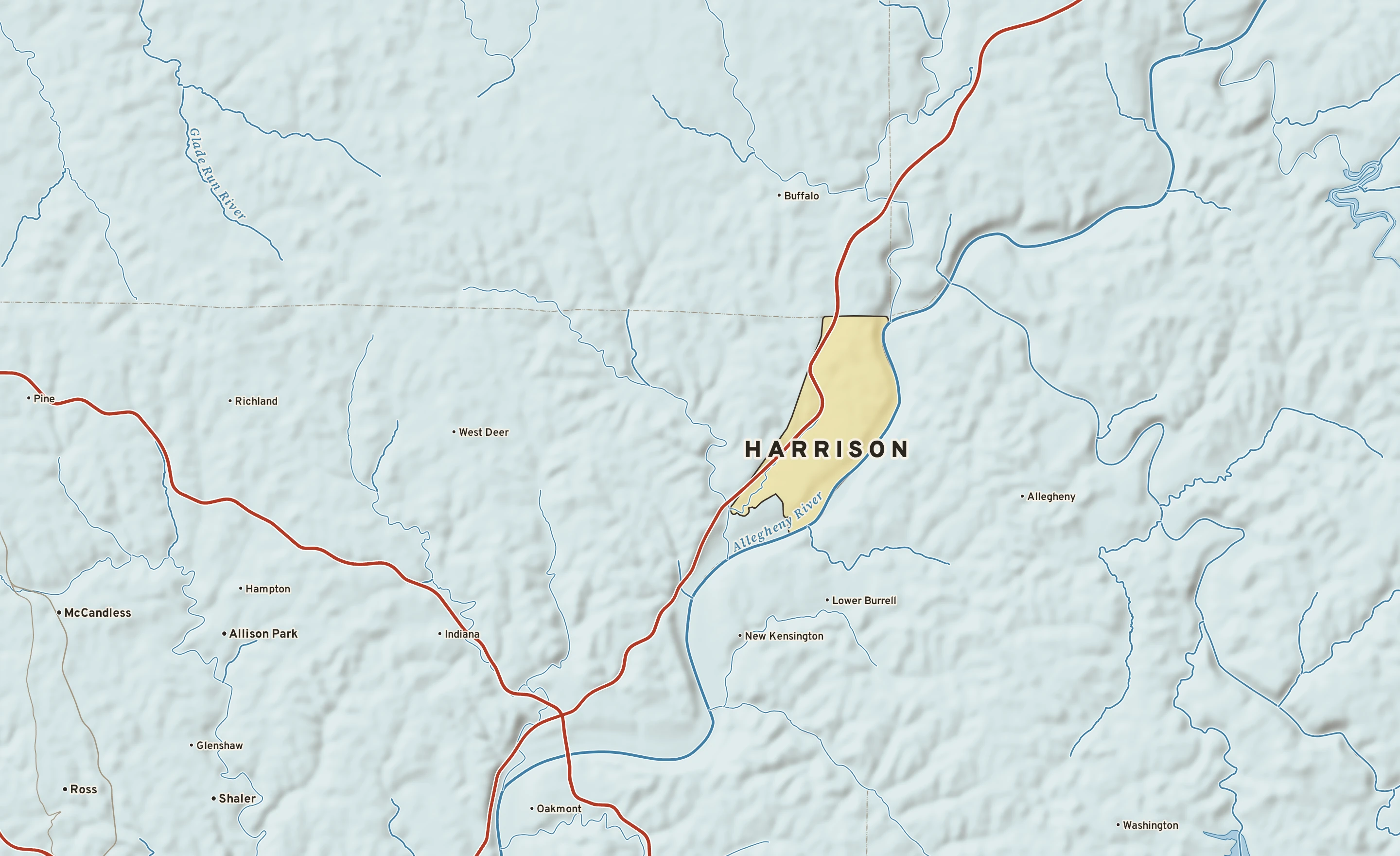 Shaded-relief atlas plate of Harrison, Pennsylvania: rivers, roads, the city limits and where the water drains.